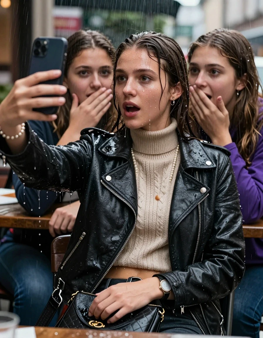 photo of young woman, in soaking wet, drenched clothes,
, , Biker leatherjacket, knit turtleneck sweater belly free, handbag, pearl necklace, bracelet, wristwatch, Sitting Under heavy Rain at outdoor Restaurant , strong jet of water, 
enjoying, wet clothes stuck to body,
detailed textures of the wet clothes, wet face, wet plastered hair,
wet, drenched, professional, high-quality details, full body view.
sharp focus, ultra-high pixel detail, realistic, high-quality, full colors, incredibly detailed, 4k, 8k, 16k, hyper-realistic, RAW photo, masterpiece, ultra-detailed, professionally color graded, professional photograph, 15 years old  school girl and her friends. Completely soaked to the Skin.

Only head and shoulders are over the surface visible. One Hand Covers her friends mouth. Take a Selfie with her Smartphone.

The girls wear different clothes.

she is completely underwater up to her neck, surprised and astonished expression. 

her clothing is soaking wet and clinging tightly to her skin, showing heavy wet folds, darkened fabric texture, and deep water-saturated Patches, her clothes are heavy from the water, water runs from her body and her clothes in streams. A lot of water also runs out of her clothes. Her clothes are darkened by the water. Her submerged clothes are good visible under the water.  she soaked her handbag into the water.

close up view, wet skin, wet clothes, wet hair, damp fabric, water runs down the clothes, wet skin, wet clothes, damp fabric. cinematic medium shot, hyper-realistic wetness, high-contrast water sheen, sharp focus, 16k resolution, professional photography, realistic water physics., wet skin, wet clothes, damp fabric, wet skin, wet clothes, damp fabric, wet skin, wet clothes, damp fabric, wet skin, wet clothes, damp fabric, wet skin, wet clothes, damp fabric, wet skin, wet clothes, damp fabric, wet skin, wet clothes, damp fabric, wet skin, wet clothes, damp fabric