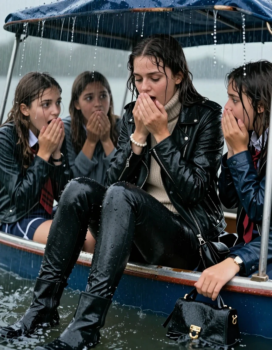 photo of young woman, in soaking wet, drenched clothes,
Ankle boots, Black leatherleggings , Biker leatherjacket, knit turtleneck sweater belly free, handbag, pearl necklace, bracelet, wristwatch, Sitting Under a flood of water from the canopy of a sinking boat during extremely heavy rain, 
enjoying, wet clothes stuck to body,
detailed textures of the wet clothes, wet face, wet plastered hair,
wet, drenched, professional, high-quality details, full body view.
sharp focus, ultra-high pixel detail, realistic, high-quality, full colors, incredibly detailed, 4k, 8k, 16k, hyper-realistic, RAW photo, masterpiece, ultra-detailed, professionally color graded, professional photograph, 15 years old  school girl and her friends. Completely soaked to the Skin.

Open mouth, hands on her mouth, looking down. One Hand Covers her friends mouth. 

The girls wear different clothes.

she is completely underwater up to her neck, surprised and astonished expression. 

her clothing is soaking wet and clinging tightly to her skin, showing heavy wet folds, darkened fabric texture, and deep water-saturated Patches, her clothes are heavy from the water, water runs from her body and her clothes in streams. A lot of water also runs out of her clothes. Her clothes are darkened by the water. Her submerged clothes are good visible under the water.  she soaked her handbag into the water.

close up view, wet skin, wet clothes, wet hair, damp fabric, water runs down the clothes, wet skin, wet clothes, damp fabric. cinematic medium shot, hyper-realistic wetness, high-contrast water sheen, sharp focus, 16k resolution, professional photography, realistic water physics., wet skin, wet clothes, damp fabric, wet skin, wet clothes, damp fabric, wet skin, wet clothes, damp fabric, wet skin, wet clothes, damp fabric, wet skin, wet clothes, damp fabric, wet skin, wet clothes, damp fabric, wet skin, wet clothes, damp fabric, wet skin, wet clothes, damp fabric, wet skin, wet clothes, damp fabric
