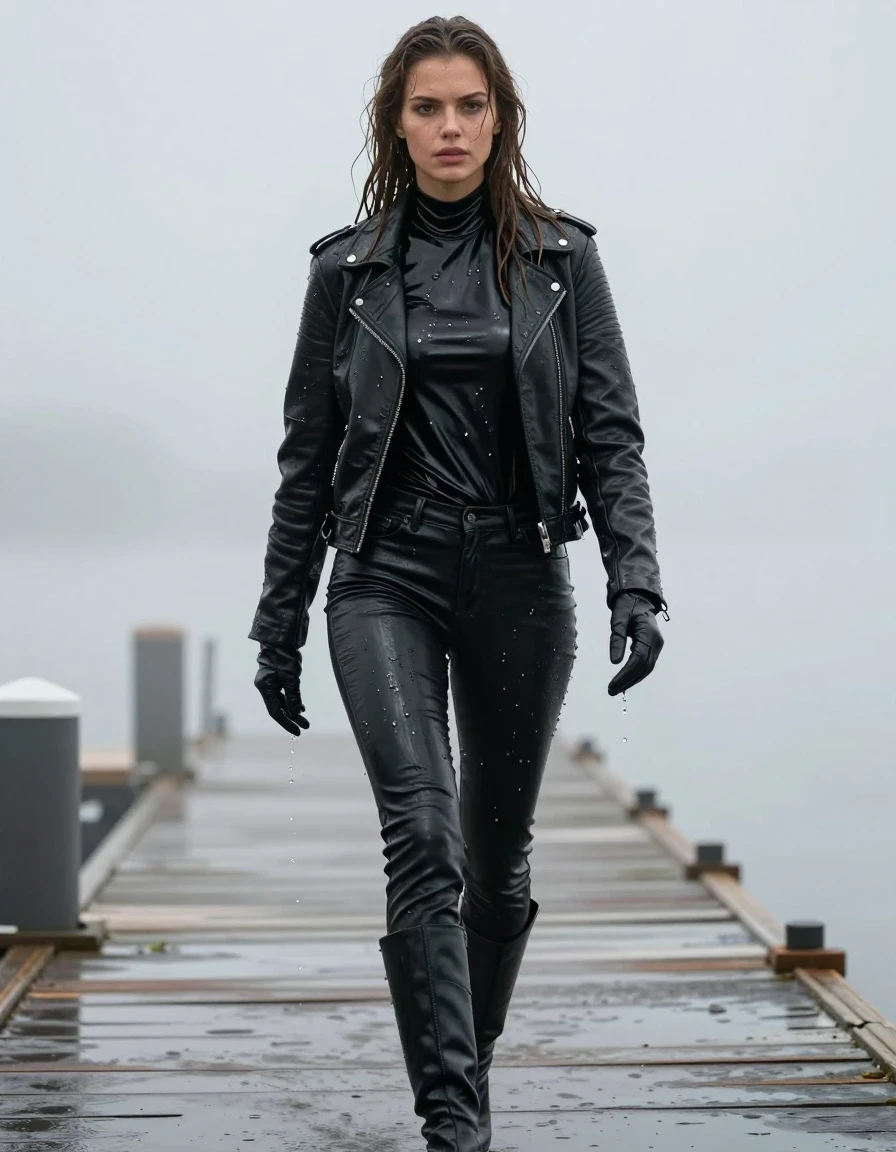 A young adult European woman with long dripping wet brown hair, captured in a photorealistic portrait. She has visibly wet skin with water sheen and is drenched, wearing an oversize black vinyl polar neck shirt, a black biker leather jacket, and black leather gloves on both hands. She is wearing black leather jeans that are heavy with water, showing realistic wet folds, deep dark tones, and strong specular reflections from the moisture clinging to the material. She is wearing black leather knee-high boots. The woman is walking on a pier at the docks in heavy mist, with water dripping from her clothes and hair. The scene is characterized by damp fabric, clinging wet textures, and a heavy, atmospheric environment. High-detail photography, cinematic lighting, sharp focus on textures, excluding nudity, high-quality professional composition.