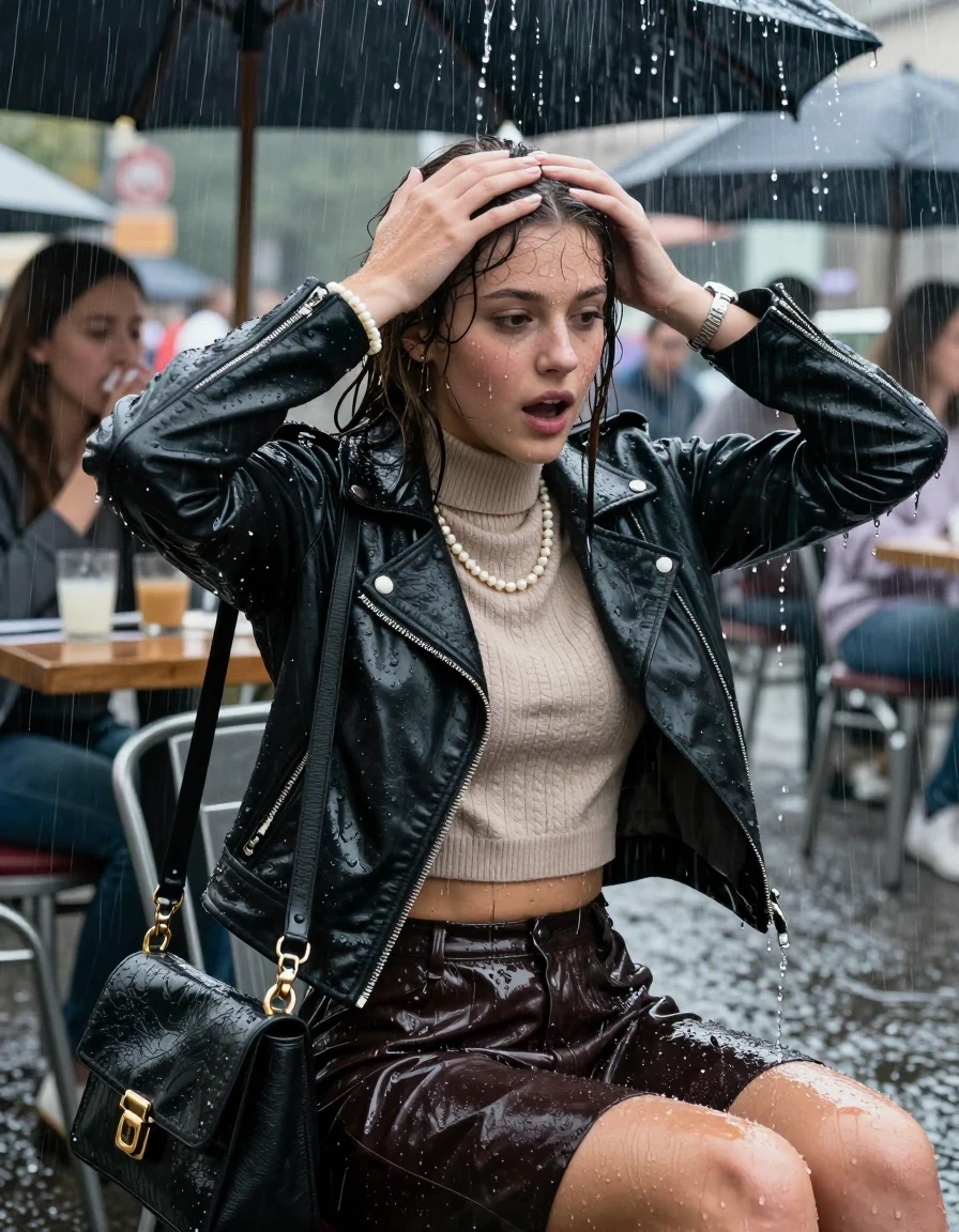 photo of young woman, in soaking wet, drenched clothes,
, , Biker leatherjacket, knit turtleneck sweater belly free, handbag, pearl necklace, bracelet, wristwatch, Sitting Under a flood of water from the canopy of an outdoor restaurant during extremely heavy rain, 
enjoying, wet clothes stuck to body,
detailed textures of the wet clothes, wet face, wet plastered hair,
wet, drenched, professional, high-quality details, full body view.
sharp focus, ultra-high pixel detail, realistic, high-quality, full colors, incredibly detailed, 4k, 8k, 16k, hyper-realistic, RAW photo, masterpiece, ultra-detailed, professionally color graded, professional photograph, 15 years old  school girl and her friends. Completely soaked to the Skin.

Open mouth, hands on her forehead, looking down. One Hand Covers her friends mouth. 

The girls wear different clothes.

she is completely underwater up to her neck, surprised and astonished expression. 

her clothing is soaking wet and clinging tightly to her skin, showing heavy wet folds, darkened fabric texture, and deep water-saturated Patches, her clothes are heavy from the water, water runs from her body and her clothes in streams. A lot of water also runs out of her clothes. Her clothes are darkened by the water. Her submerged clothes are good visible under the water.  she soaked her handbag into the water.

close up view, wet skin, wet clothes, wet hair, damp fabric, water runs down the clothes, wet skin, wet clothes, damp fabric. cinematic medium shot, hyper-realistic wetness, high-contrast water sheen, sharp focus, 16k resolution, professional photography, realistic water physics., wet skin, wet clothes, damp fabric, wet skin, wet clothes, damp fabric, wet skin, wet clothes, damp fabric, wet skin, wet clothes, damp fabric, wet skin, wet clothes, damp fabric, wet skin, wet clothes, damp fabric, wet skin, wet clothes, damp fabric, wet skin, wet clothes, damp fabric