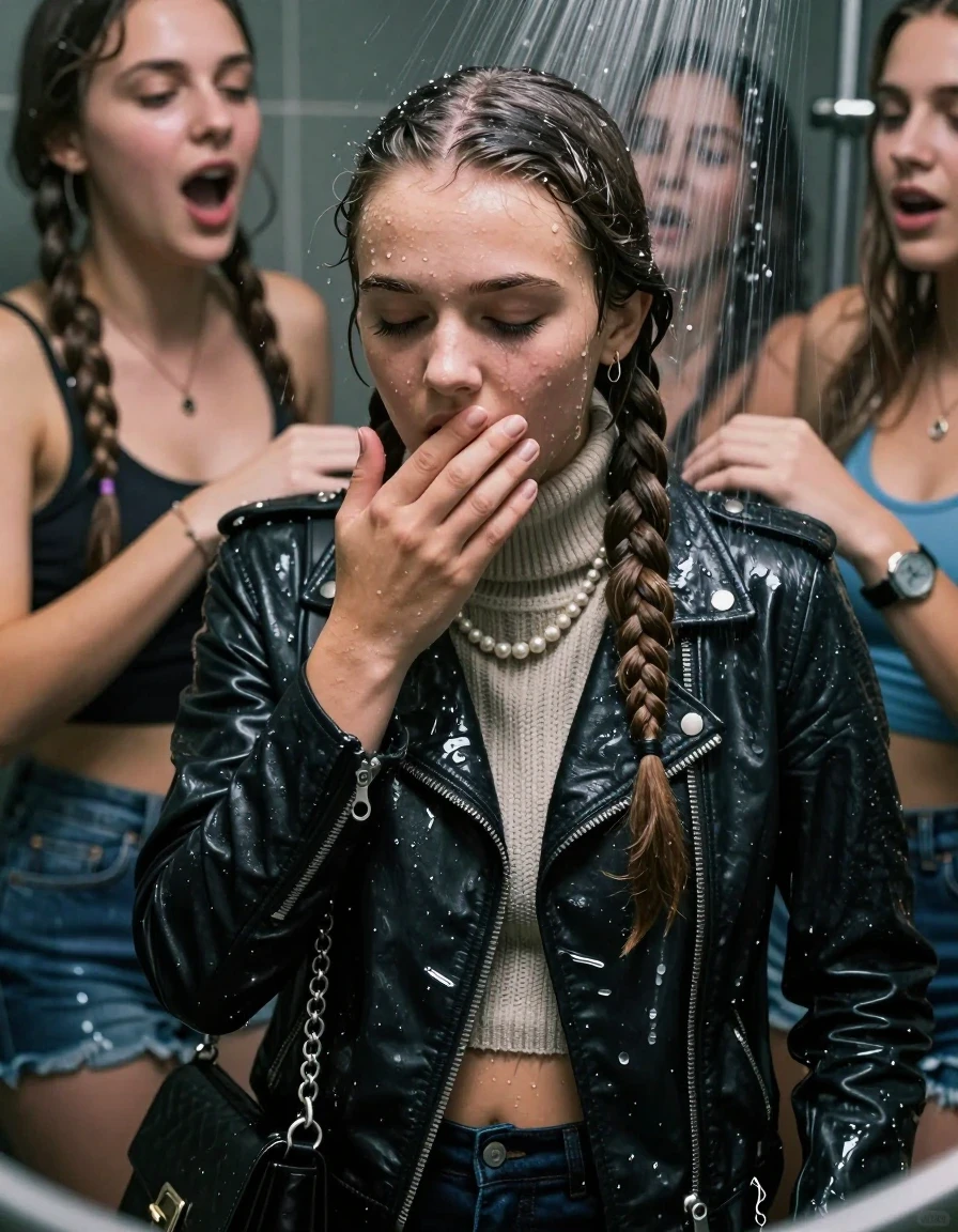 photo of young woman, in soaking wet, drenched clothes,
, , Biker leatherjacket, knit turtleneck sweater belly free, handbag, pearl necklace, bracelet, wristwatch, Orgasm Under the shower, strong jet of water, party room, 
enjoying, wet clothes stuck to body,
detailed textures of the wet clothes, wet face, wet plastered hair,
wet, drenched, professional, high-quality details, full body view.
sharp focus, ultra-high pixel detail, realistic, high-quality, full colors, incredibly detailed, 4k, 8k, 16k, hyper-realistic, RAW photo, masterpiece, ultra-detailed, professionally color graded, professional photograph, Two long braids 

 15 years old  school girl and her female  friends

Only head and shoulders are over the surface visible. Looking down. Open mouth, closed eyes. Her mouth is covered by her friends Hand.

The girls wear different clothes.

she is completely underwater up to her neck, surprised and astonished expression. 

her clothing is soaking wet and clinging tightly to her skin, showing heavy wet folds, darkened fabric texture, and deep water-saturated Patches, her clothes are heavy from the water, water runs from her body and her clothes in streams. A lot of water also runs out of her clothes. Her clothes are darkened by the water. Her submerged clothes are good visible under the water.  she soaked her handbag into the water.

close up view, wet skin, wet clothes, wet hair, damp fabric, water runs down the clothes, wet skin, wet clothes, damp fabric. cinematic medium shot, hyper-realistic wetness, high-contrast water sheen, sharp focus, 16k resolution, professional photography, realistic water physics., wet skin, wet clothes, damp fabric, wet skin, wet clothes, damp fabric, wet skin, wet clothes, damp fabric, wet skin, wet clothes, damp fabric, wet skin, wet clothes, damp fabric, wet skin, wet clothes, damp fabric