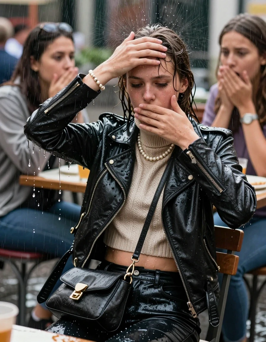 photo of young woman, in soaking wet, drenched clothes,
, , Biker leatherjacket, knit turtleneck sweater belly free, handbag, pearl necklace, bracelet, wristwatch, Sitting Under spontaneous heavy Rain at german outdoor Restaurant , strong jet of water, 
enjoying, wet clothes stuck to body,
detailed textures of the wet clothes, wet face, wet plastered hair,
wet, drenched, professional, high-quality details, full body view.
sharp focus, ultra-high pixel detail, realistic, high-quality, full colors, incredibly detailed, 4k, 8k, 16k, hyper-realistic, RAW photo, masterpiece, ultra-detailed, professionally color graded, professional photograph, 15 years old  school girl and her friends. Completely soaked to the Skin.

Open mouth, hands on her forehead, looking down. One Hand Covers her friends mouth. 

The girls wear different clothes.

she is completely underwater up to her neck, surprised and astonished expression. 

her clothing is soaking wet and clinging tightly to her skin, showing heavy wet folds, darkened fabric texture, and deep water-saturated Patches, her clothes are heavy from the water, water runs from her body and her clothes in streams. A lot of water also runs out of her clothes. Her clothes are darkened by the water. Her submerged clothes are good visible under the water.  she soaked her handbag into the water.

close up view, wet skin, wet clothes, wet hair, damp fabric, water runs down the clothes, wet skin, wet clothes, damp fabric. cinematic medium shot, hyper-realistic wetness, high-contrast water sheen, sharp focus, 16k resolution, professional photography, realistic water physics., wet skin, wet clothes, damp fabric, wet skin, wet clothes, damp fabric, wet skin, wet clothes, damp fabric, wet skin, wet clothes, damp fabric, wet skin, wet clothes, damp fabric, wet skin, wet clothes, damp fabric, wet skin, wet clothes, damp fabric, wet skin, wet clothes, damp fabric, wet skin, wet clothes, damp fabric