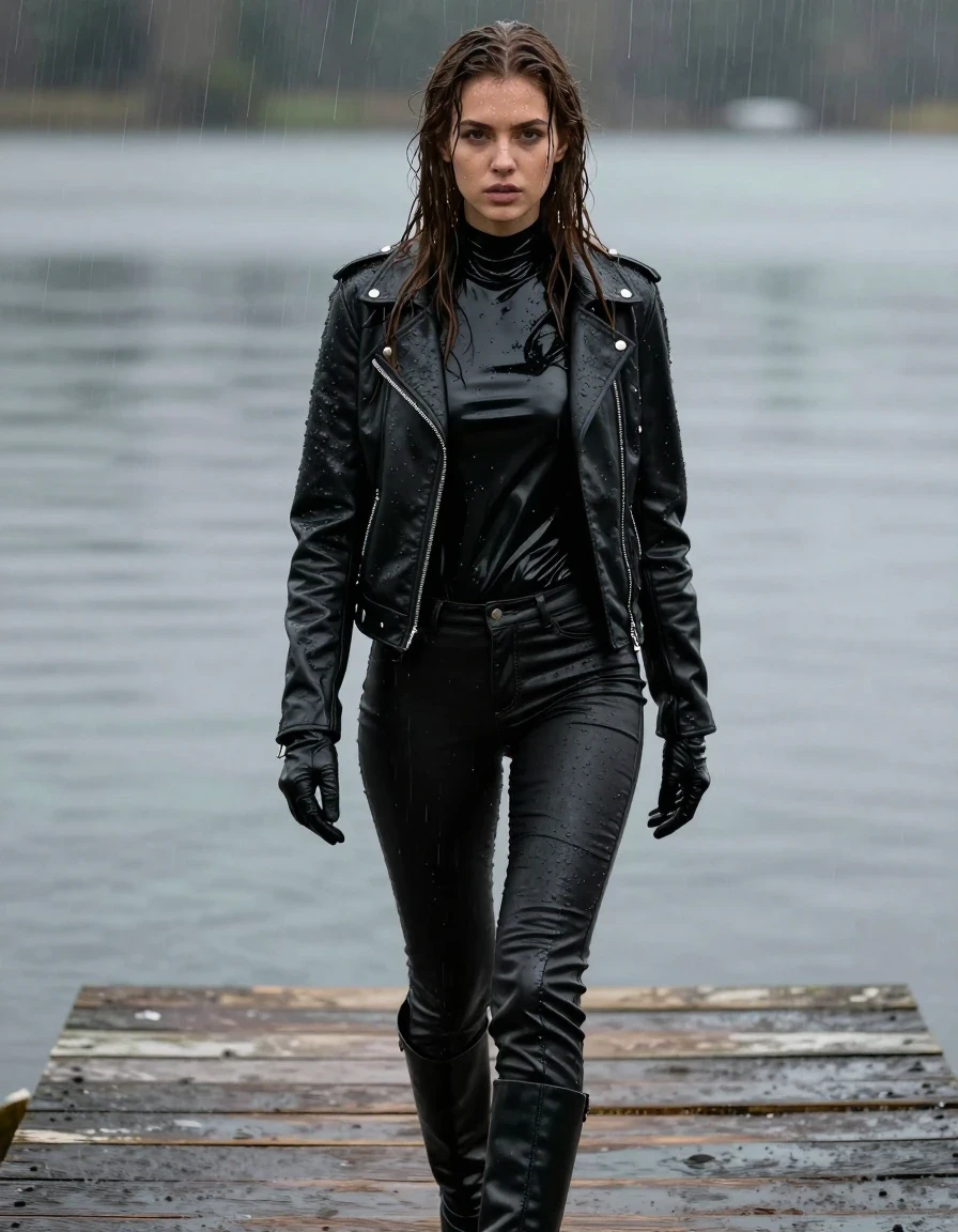 A stunning young adult European woman standing on a wooden pier at a serene lake, her long brown hair completely soaked and dripping wet, glistening wet skin with realistic water sheen, wearing an oversize black vinyl polar neck shirt with a high-gloss wet finish, a black biker leather jacket with water-beaded surface, black leather jeans clinging to her legs due to moisture with deep saturated tones and heavy wet folds, black leather knee-high boots, and black leather gloves on both hands. The damp fabric of her clothes clings to her body, highlighting textures and seams. The scene captures a realistic rainy or post-immersion atmosphere with high contrast and sharp focus, cinematic lighting, photorealistic textures, 8k resolution, highly detailed, professional photography, no nudity, clean anatomy, fully clothed.