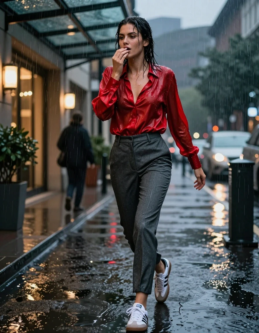 photo of young woman, in soaking wet, drenched clothes,
White samba adidas sneakers soaked with dark puddles, slim-fit charcoal grey wool trousers clinging to skin, silk red button-down shirt drenched and transparent, under the glowing glass canopy of an upscale hotel driveway at night, 
enjoying, wet clothes stuck to body,
detailed textures of the wet clothes, wet face, wet plastered hair,
wet, drenched, professional, high-quality details, full body view.
sharp focus, ultra-high pixel detail, realistic, high-quality, full colors, incredibly detailed, 4k, 8k, 16k, hyper-realistic, RAW photo, masterpiece, ultra-detailed, professionally color graded, professional photograph, woman shielding her face from a heavy rainstorm while rushing toward a valet stand, fabric clinging to frame, high-speed flash photography, candid paparazzi style, wide-angle cinematic framing, rain droplets suspended in air, hyper-realistic textures, vibrant ambient neon reflections, sharp focus., wet skin, wet clothes, damp fabric