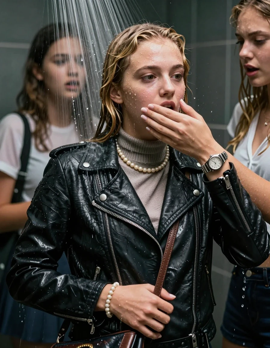 photo of young woman, in soaking wet, drenched clothes,
, , Biker leatherjacket, knit turtleneck sweater belly free, handbag, pearl necklace, bracelet, wristwatch, Under the shower, strong jet of water, party room, 
enjoying, wet clothes stuck to body,
detailed textures of the wet clothes, wet face, wet plastered hair,
wet, drenched, professional, high-quality details, full body view.
sharp focus, ultra-high pixel detail, realistic, high-quality, full colors, incredibly detailed, 4k, 8k, 16k, hyper-realistic, RAW photo, masterpiece, ultra-detailed, professionally color graded, professional photograph, Sleek Blonde Collarbone bob

 15 years old  school girl and her friend

Only head and shoulders are over the surface visible. One Hand Covers her friends mouth.

The girls wear different clothes.

she is completely underwater up to her neck, surprised and astonished expression. 

her clothing is soaking wet and clinging tightly to her skin, showing heavy wet folds, darkened fabric texture, and deep water-saturated Patches, her clothes are heavy from the water, water runs from her body and her clothes in streams. A lot of water also runs out of her clothes. Her clothes are darkened by the water. Her submerged clothes are good visible under the water.  she soaked her handbag into the water.

close up view, wet skin, wet clothes, wet hair, damp fabric, water runs down the clothes, wet skin, wet clothes, damp fabric. cinematic medium shot, hyper-realistic wetness, high-contrast water sheen, sharp focus, 16k resolution, professional photography, realistic water physics., wet skin, wet clothes, damp fabric, wet skin, wet clothes, damp fabric, wet skin, wet clothes, damp fabric, wet skin, wet clothes, damp fabric, wet skin, wet clothes, damp fabric, wet skin, wet clothes, damp fabric
