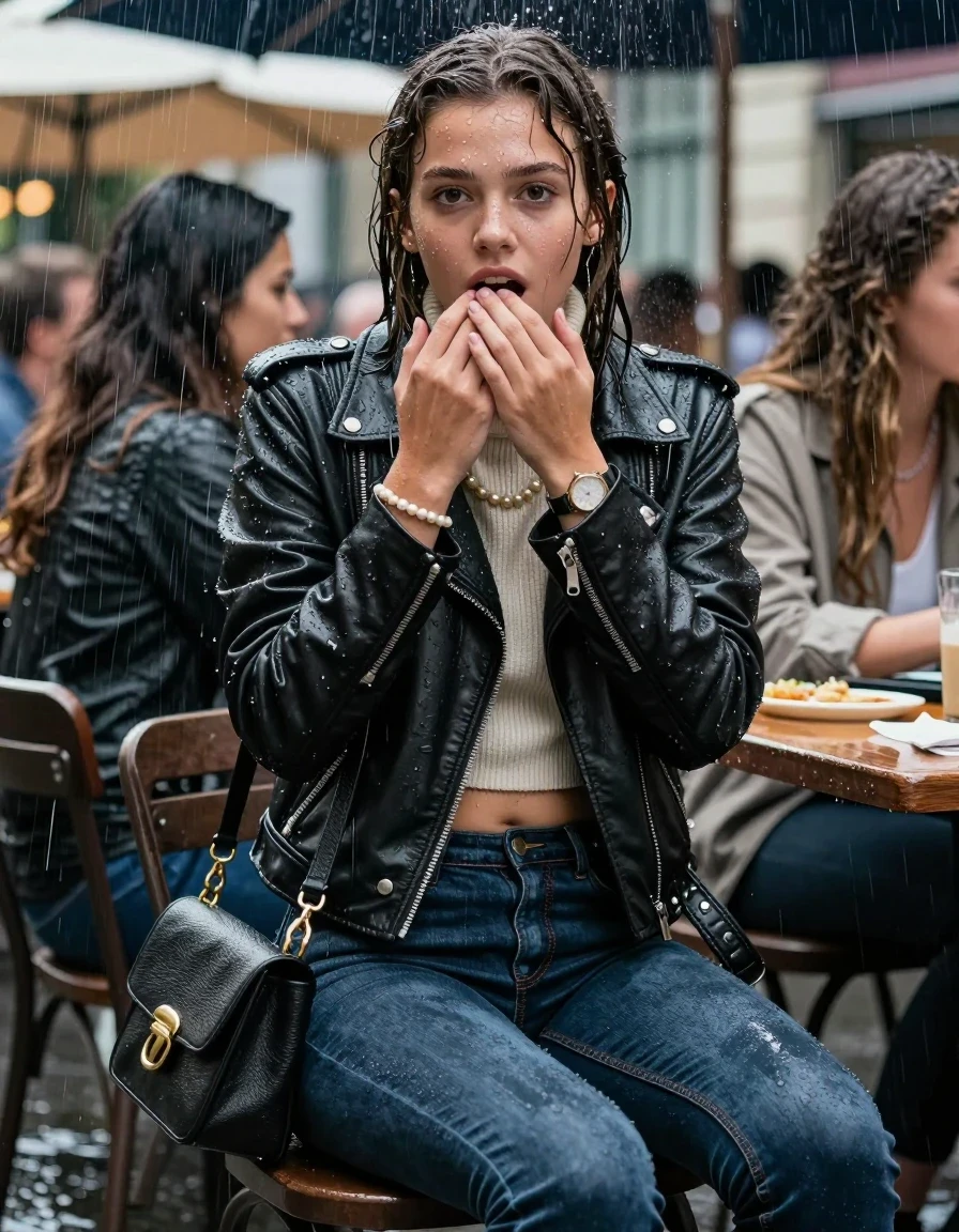 photo of young woman, in soaking wet, drenched clothes,
, Tight skinny jeans, Biker leatherjacket, knit turtleneck sweater belly free, handbag, pearl necklace, bracelet, wristwatch, Sitting Under heavy Rain at german outdoor Restaurant , strong jet of water, 
enjoying, wet clothes stuck to body,
detailed textures of the wet clothes, wet face, wet plastered hair,
wet, drenched, professional, high-quality details, full body view.
sharp focus, ultra-high pixel detail, realistic, high-quality, full colors, incredibly detailed, 4k, 8k, 16k, hyper-realistic, RAW photo, masterpiece, ultra-detailed, professionally color graded, professional photograph, 15 years old teenage girl and her friends. Completely soaked to the Skin.

Open mouth, hands on her mouth, looking at Camera . 

The girls wear different clothes.

She enjoy her wer clothes, horny and astonished expression. 

her clothing is soaking wet and clinging tightly to her skin, showing heavy wet folds, darkened fabric texture, and deep water-saturated Patches, her clothes are heavy from the water, water runs from her body and her clothes in streams. A lot of water also runs out of her clothes. Her clothes are darkened by the water. Her submerged clothes are good visible under the water.  she soaked her handbag into the water.

close up view, wet skin, wet clothes, wet hair, damp fabric, water runs down the clothes, wet skin, wet clothes, damp fabric. cinematic medium shot, hyper-realistic wetness, high-contrast water sheen, sharp focus, 16k resolution, professional photography, realistic water physics., wet skin, wet clothes, damp fabric, wet skin, wet clothes, damp fabric, wet skin, wet clothes, damp fabric, wet skin, wet clothes, damp fabric, wet skin, wet clothes, damp fabric, wet skin, wet clothes, damp fabric, wet skin, wet clothes, damp fabric, wet skin, wet clothes, damp fabric, wet skin, wet clothes, damp fabric, wet skin, wet clothes, damp fabric