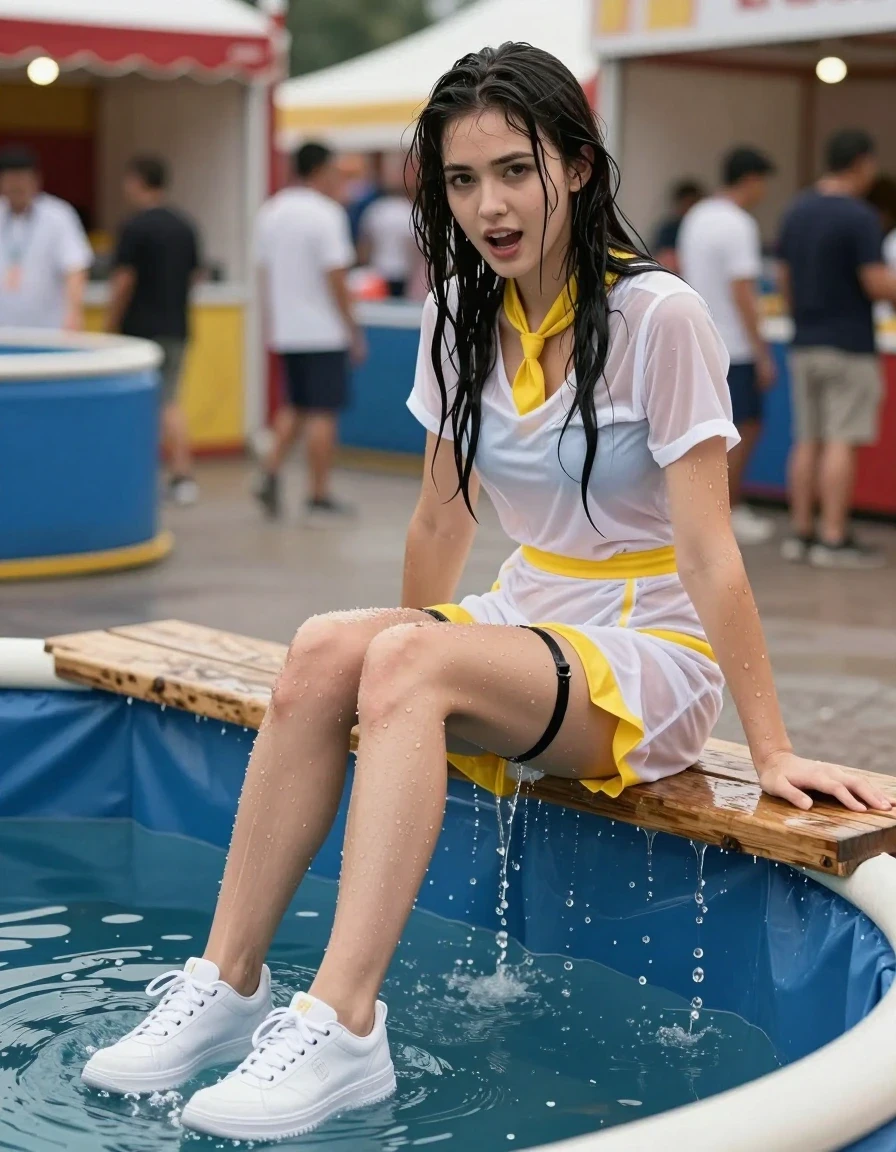 photo of young woman, in soaking wet, drenched clothes,
white sneakers, stay-up stockings and a garter belt, skort yellow neckholder dress, dunk tank, 
enjoying, wet clothes stuck to body,
detailed textures of the wet clothes, wet face, wet plastered hair,
wet, drenched, professional, high-quality details, full body view.
sharp focus, ultra-high pixel detail, realistic, high-quality, full colors, incredibly detailed, 4k, 8k, 16k, hyper-realistic, RAW photo, masterpiece, ultra-detailed, professionally color graded, professional photograph, a woman sits on the edge of wooden plank over a water filled dunktank on a fair. all clothes are dripping wet 
she look very cheeky towards the camera. her long black hair is very wet and water is dripping down to the dunktank. she is a european 20 year old woman, wet skin, wet clothes, damp fabric