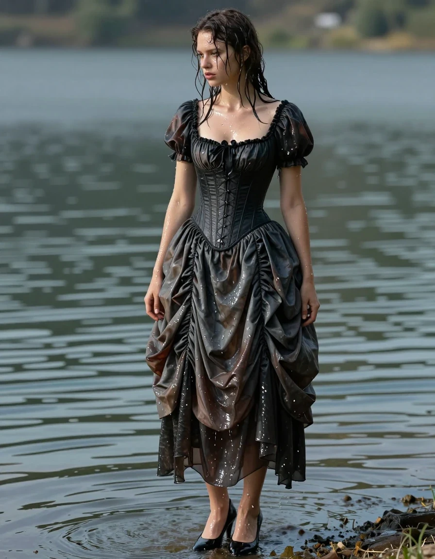 A full-body photorealistic shot of a young adult European woman standing at the edge of a serene lake, her entire form and clothing visibly drenched. She is wearing a structured Victorian corset and a layered Victorian skirt with a matching underskirt, all fabrics heavy, clinging, and translucent from saturation, showing deep color shifts and dark, clinging folds. She is wearing black high-heeled shoes, the material slick and reflecting the water. Her skin is glistening with moisture, and her hair is wet, matted, and dark, clinging to her shoulders. The atmosphere is damp and atmospheric, with the lake water rippling around her feet. The lighting is natural, soft daylight creating specular highlights on the wet fabric, skin, and the surface of the water, high-resolution, sharp focus, cinematic texture, realistic moisture physics.
