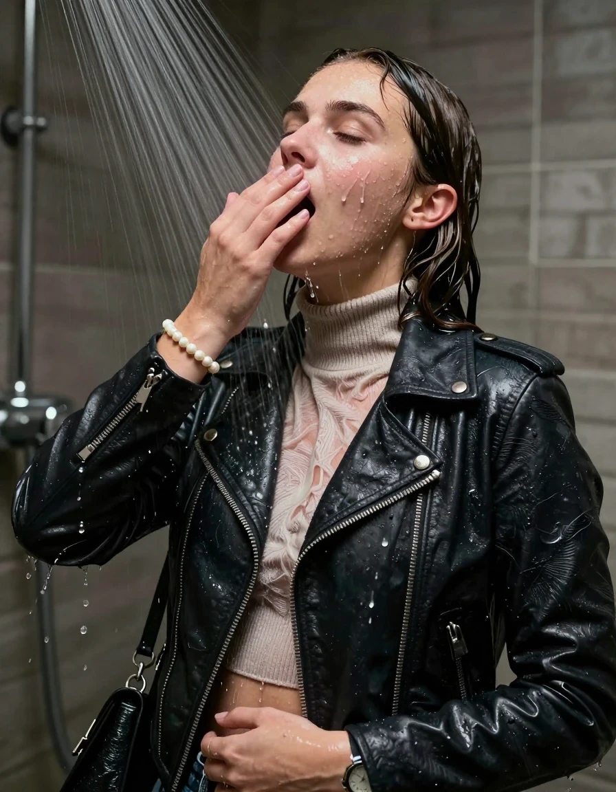 photo of young woman, in soaking wet, drenched clothes,
, , Biker leatherjacket, knit turtleneck sweater belly free, handbag, pearl necklace, bracelet, wristwatch, Under the shower, strong jet of water, party room, 
enjoying, wet clothes stuck to body,
detailed textures of the wet clothes, wet face, wet plastered hair,
wet, drenched, professional, high-quality details, full body view.
sharp focus, ultra-high pixel detail, realistic, high-quality, full colors, incredibly detailed, 4k, 8k, 16k, hyper-realistic, RAW photo, masterpiece, ultra-detailed, professionally color graded, professional photograph, Collarbone bob

 15 years old  school girl

Only head and shoulders are over the surface visible. Open mouth, closed eyes. Looking up. One Hand down. One Hand on her mouth.

The girls wear different clothes.

she is completely underwater up to her neck, surprised and astonished expression. 

her clothing is soaking wet and clinging tightly to her skin, showing heavy wet folds, darkened fabric texture, and deep water-saturated Patches, her clothes are heavy from the water, water runs from her body and her clothes in streams. A lot of water also runs out of her clothes. Her clothes are darkened by the water. Her submerged clothes are good visible under the water.  she soaked her handbag into the water.

close up view, wet skin, wet clothes, wet hair, damp fabric, water runs down the clothes, wet skin, wet clothes, damp fabric. cinematic medium shot, hyper-realistic wetness, high-contrast water sheen, sharp focus, 16k resolution, professional photography, realistic water physics., wet skin, wet clothes, damp fabric, wet skin, wet clothes, damp fabric, wet skin, wet clothes, damp fabric, wet skin, wet clothes, damp fabric, wet skin, wet clothes, damp fabric, wet skin, wet clothes, damp fabric