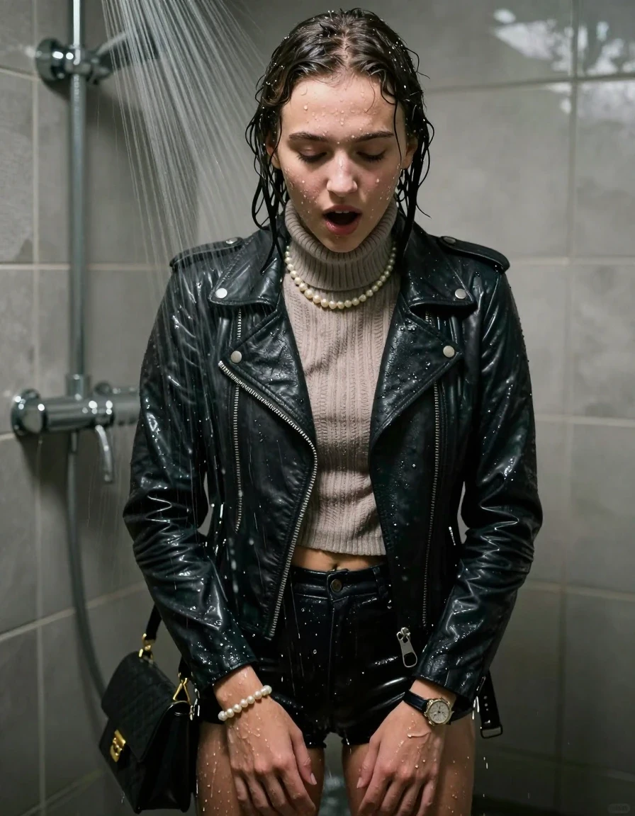 photo of young woman, in soaking wet, drenched clothes,
, , Biker leatherjacket, knit turtleneck sweater belly free, handbag, pearl necklace, bracelet, wristwatch, Under the shower, strong jet of water, party room, 
enjoying, wet clothes stuck to body,
detailed textures of the wet clothes, wet face, wet plastered hair,
wet, drenched, professional, high-quality details, full body view.
sharp focus, ultra-high pixel detail, realistic, high-quality, full colors, incredibly detailed, 4k, 8k, 16k, hyper-realistic, RAW photo, masterpiece, ultra-detailed, professionally color graded, professional photograph, Collarbone bob

 15 years old  school girl

Only head and shoulders are over the surface visible. Open mouth, closed eyes. Looking down. Hands down between legs.

The girls wear different clothes.

she is completely underwater up to her neck, surprised and astonished expression. 

her clothing is soaking wet and clinging tightly to her skin, showing heavy wet folds, darkened fabric texture, and deep water-saturated Patches, her clothes are heavy from the water, water runs from her body and her clothes in streams. A lot of water also runs out of her clothes. Her clothes are darkened by the water. Her submerged clothes are good visible under the water.  she soaked her handbag into the water.

close up view, wet skin, wet clothes, wet hair, damp fabric, water runs down the clothes, wet skin, wet clothes, damp fabric. cinematic medium shot, hyper-realistic wetness, high-contrast water sheen, sharp focus, 16k resolution, professional photography, realistic water physics., wet skin, wet clothes, damp fabric, wet skin, wet clothes, damp fabric, wet skin, wet clothes, damp fabric, wet skin, wet clothes, damp fabric, wet skin, wet clothes, damp fabric