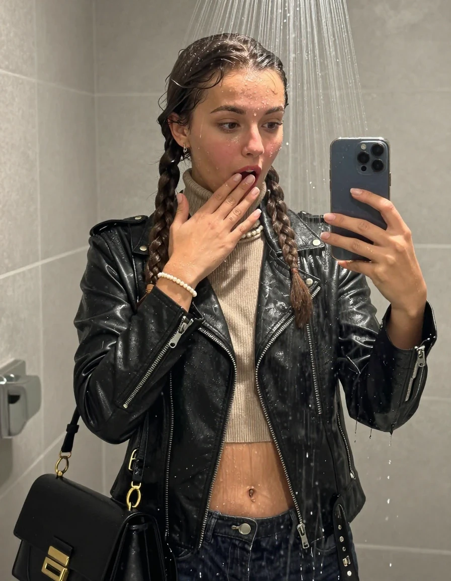 photo of young woman, in soaking wet, drenched clothes,
, , Biker leatherjacket, knit turtleneck sweater belly free, handbag, pearl necklace, bracelet, wristwatch, Under the shower, strong jet of water, in modern bathroom, 
enjoying, wet clothes stuck to body,
detailed textures of the wet clothes, wet face, wet plastered hair,
wet, drenched, professional, high-quality details, full body view.
sharp focus, ultra-high pixel detail, realistic, high-quality, full colors, incredibly detailed, 4k, 8k, 16k, hyper-realistic, RAW photo, masterpiece, ultra-detailed, professionally color graded, professional photograph, 15 years old  school girl and her friends. Completely soaked to the Skin.

Two long braids. 
Open mouth, big eyes. Looking down. One Hand over her mouth. Take a Selfie with her Smartphone.

The girls wear different clothes.

she is completely underwater up to her neck, surprised and astonished expression. 

her clothing is soaking wet and clinging tightly to her skin, showing heavy wet folds, darkened fabric texture, and deep water-saturated Patches, her clothes are heavy from the water, water runs from her body and her clothes in streams. A lot of water also runs out of her clothes. Her clothes are darkened by the water. Her submerged clothes are good visible under the water.  she soaked her handbag into the water.

close up view, wet skin, wet clothes, wet hair, damp fabric, water runs down the clothes, wet skin, wet clothes, damp fabric. cinematic medium shot, hyper-realistic wetness, high-contrast water sheen, sharp focus, 16k resolution, professional photography, realistic water physics., wet skin, wet clothes, damp fabric, wet skin, wet clothes, damp fabric, wet skin, wet clothes, damp fabric, wet skin, wet clothes, damp fabric, wet skin, wet clothes, damp fabric, wet skin, wet clothes, damp fabric, wet skin, wet clothes, damp fabric, wet skin, wet clothes, damp fabric, wet skin, wet clothes, damp fabric