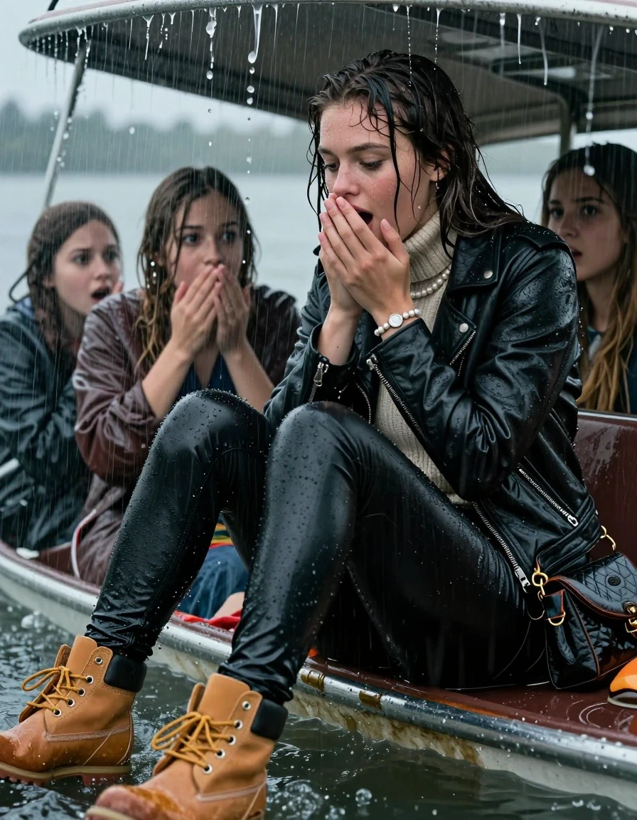 photo of young woman, in soaking wet, drenched clothes,
Timberland boots, Black leatherleggings , Biker leatherjacket, knit turtleneck sweater belly free, handbag, pearl necklace, bracelet, wristwatch, Sitting Under a flood of water from the canopy of a sinking boat during extremely heavy rain, 
enjoying, wet clothes stuck to body,
detailed textures of the wet clothes, wet face, wet plastered hair,
wet, drenched, professional, high-quality details, full body view.
sharp focus, ultra-high pixel detail, realistic, high-quality, full colors, incredibly detailed, 4k, 8k, 16k, hyper-realistic, RAW photo, masterpiece, ultra-detailed, professionally color graded, professional photograph, 15 years old teenage girl and her friends. Completely soaked to the Skin.

Open mouth, hands on her mouth, looking down. One Hand Covers her friends mouth. 

The girls wear different clothes.

she is completely underwater up to her neck, surprised and astonished expression. 

her clothing is soaking wet and clinging tightly to her skin, showing heavy wet folds, darkened fabric texture, and deep water-saturated Patches, her clothes are heavy from the water, water runs from her body and her clothes in streams. A lot of water also runs out of her clothes. Her clothes are darkened by the water. Her submerged clothes are good visible under the water.  she soaked her handbag into the water.

close up view, wet skin, wet clothes, wet hair, damp fabric, water runs down the clothes, wet skin, wet clothes, damp fabric. cinematic medium shot, hyper-realistic wetness, high-contrast water sheen, sharp focus, 16k resolution, professional photography, realistic water physics., wet skin, wet clothes, damp fabric, wet skin, wet clothes, damp fabric, wet skin, wet clothes, damp fabric, wet skin, wet clothes, damp fabric, wet skin, wet clothes, damp fabric, wet skin, wet clothes, damp fabric, wet skin, wet clothes, damp fabric, wet skin, wet clothes, damp fabric, wet skin, wet clothes, damp fabric