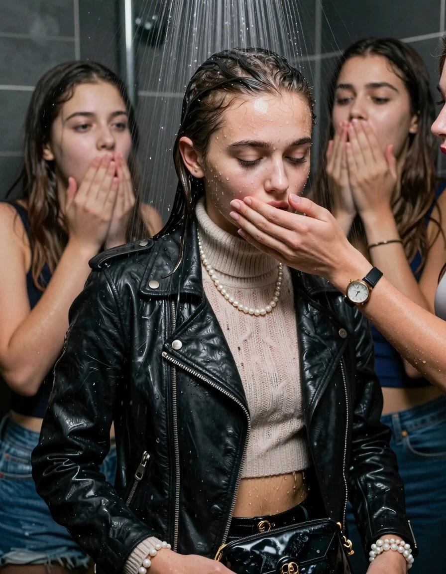 photo of young woman, in soaking wet, drenched clothes,
, , Biker leatherjacket, knit turtleneck sweater belly free, handbag, pearl necklace, bracelet, wristwatch, Orgasm Under the shower, strong jet of water, party room, 
enjoying, wet clothes stuck to body,
detailed textures of the wet clothes, wet face, wet plastered hair,
wet, drenched, professional, high-quality details, full body view.
sharp focus, ultra-high pixel detail, realistic, high-quality, full colors, incredibly detailed, 4k, 8k, 16k, hyper-realistic, RAW photo, masterpiece, ultra-detailed, professionally color graded, professional photograph, Sleek long ponytail with bangs

 15 years old  school girl and her female  friends

Only head and shoulders are over the surface visible. Looking down. Open mouth, closed eyes. Her mouth is covered by her friends Hand.

The girls wear different clothes.

she is completely underwater up to her neck, surprised and astonished expression. 

her clothing is soaking wet and clinging tightly to her skin, showing heavy wet folds, darkened fabric texture, and deep water-saturated Patches, her clothes are heavy from the water, water runs from her body and her clothes in streams. A lot of water also runs out of her clothes. Her clothes are darkened by the water. Her submerged clothes are good visible under the water.  she soaked her handbag into the water.

close up view, wet skin, wet clothes, wet hair, damp fabric, water runs down the clothes, wet skin, wet clothes, damp fabric. cinematic medium shot, hyper-realistic wetness, high-contrast water sheen, sharp focus, 16k resolution, professional photography, realistic water physics., wet skin, wet clothes, damp fabric, wet skin, wet clothes, damp fabric, wet skin, wet clothes, damp fabric, wet skin, wet clothes, damp fabric, wet skin, wet clothes, damp fabric, wet skin, wet clothes, damp fabric, wet skin, wet clothes, damp fabric