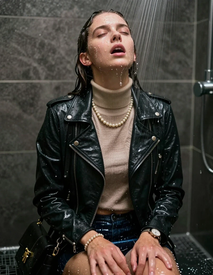 photo of young woman, in soaking wet, drenched clothes,
, , Biker leatherjacket, knit turtleneck sweater belly free, handbag, pearl necklace, bracelet, wristwatch, Under the shower, strong jet of water, party room, 
enjoying, wet clothes stuck to body,
detailed textures of the wet clothes, wet face, wet plastered hair,
wet, drenched, professional, high-quality details, full body view.
sharp focus, ultra-high pixel detail, realistic, high-quality, full colors, incredibly detailed, 4k, 8k, 16k, hyper-realistic, RAW photo, masterpiece, ultra-detailed, professionally color graded, professional photograph, Collarbone bob

 15 years old  school girl

Only head and shoulders are over the surface visible. Open mouth, closed eyes. Looking up. Hands down between legs.

The girls wear different clothes.

she is completely underwater up to her neck, surprised and astonished expression. 

her clothing is soaking wet and clinging tightly to her skin, showing heavy wet folds, darkened fabric texture, and deep water-saturated Patches, her clothes are heavy from the water, water runs from her body and her clothes in streams. A lot of water also runs out of her clothes. Her clothes are darkened by the water. Her submerged clothes are good visible under the water.  she soaked her handbag into the water.

close up view, wet skin, wet clothes, wet hair, damp fabric, water runs down the clothes, wet skin, wet clothes, damp fabric. cinematic medium shot, hyper-realistic wetness, high-contrast water sheen, sharp focus, 16k resolution, professional photography, realistic water physics., wet skin, wet clothes, damp fabric, wet skin, wet clothes, damp fabric, wet skin, wet clothes, damp fabric, wet skin, wet clothes, damp fabric, wet skin, wet clothes, damp fabric
