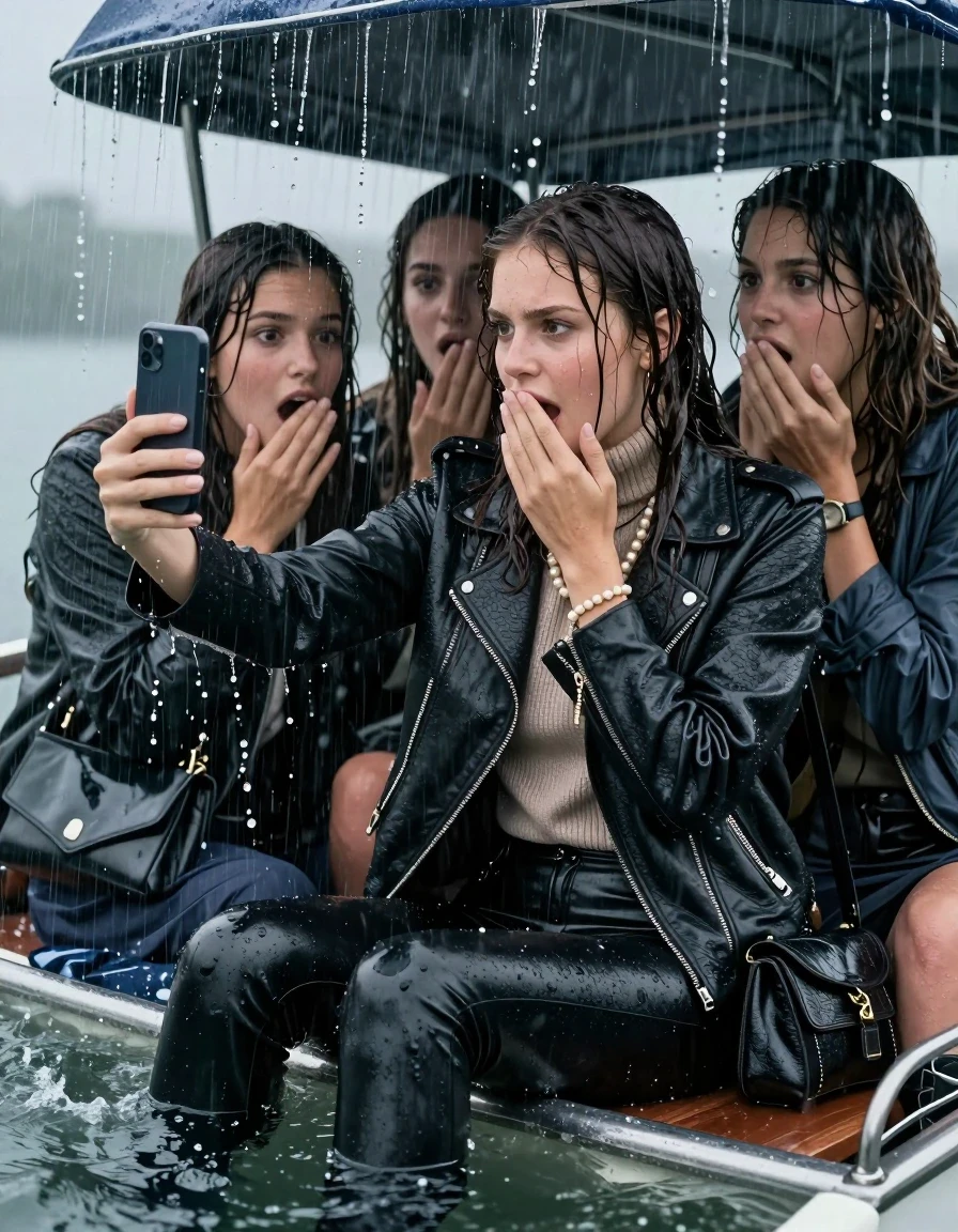 photo of young woman, in soaking wet, drenched clothes,
, Black leatherleggings , Biker leatherjacket, knit turtleneck sweater belly free, handbag, pearl necklace, bracelet, wristwatch, Sitting Under a flood of water from the canopy of a sinking boat during extremely heavy rain, 
enjoying, wet clothes stuck to body,
detailed textures of the wet clothes, wet face, wet plastered hair,
wet, drenched, professional, high-quality details, full body view.
sharp focus, ultra-high pixel detail, realistic, high-quality, full colors, incredibly detailed, 4k, 8k, 16k, hyper-realistic, RAW photo, masterpiece, ultra-detailed, professionally color graded, professional photograph, 15 years old teenage girl and her friends. Completely soaked to the Skin.

Open mouth, hands on her mouth, looking down. One Hand Covers her friends mouth. 
Take a Selfie with her Smartphone.
The girls wear different clothes.

she is completely underwater up to her neck, surprised and astonished expression. 

her clothing is soaking wet and clinging tightly to her skin, showing heavy wet folds, darkened fabric texture, and deep water-saturated Patches, her clothes are heavy from the water, water runs from her body and her clothes in streams. A lot of water also runs out of her clothes. Her clothes are darkened by the water. Her submerged clothes are good visible under the water.  she soaked her handbag into the water.

close up view, wet skin, wet clothes, wet hair, damp fabric, water runs down the clothes, wet skin, wet clothes, damp fabric. cinematic medium shot, hyper-realistic wetness, high-contrast water sheen, sharp focus, 16k resolution, professional photography, realistic water physics., wet skin, wet clothes, damp fabric, wet skin, wet clothes, damp fabric, wet skin, wet clothes, damp fabric, wet skin, wet clothes, damp fabric, wet skin, wet clothes, damp fabric, wet skin, wet clothes, damp fabric, wet skin, wet clothes, damp fabric, wet skin, wet clothes, damp fabric, wet skin, wet clothes, damp fabric