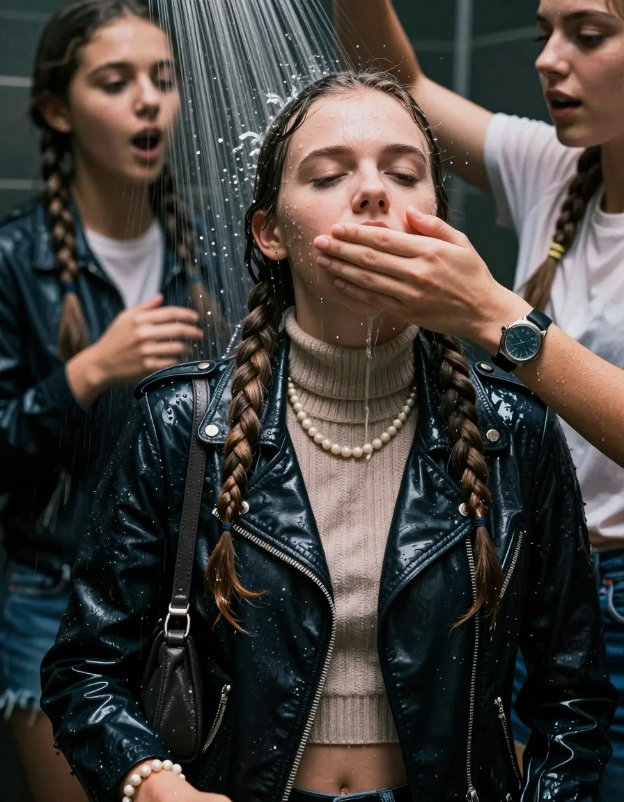 photo of young woman, in soaking wet, drenched clothes,
, , Biker leatherjacket, knit turtleneck sweater belly free, handbag, pearl necklace, bracelet, wristwatch, Under the shower, strong jet of water, party room, 
enjoying, wet clothes stuck to body,
detailed textures of the wet clothes, wet face, wet plastered hair,
wet, drenched, professional, high-quality details, full body view.
sharp focus, ultra-high pixel detail, realistic, high-quality, full colors, incredibly detailed, 4k, 8k, 16k, hyper-realistic, RAW photo, masterpiece, ultra-detailed, professionally color graded, professional photograph, Two long braids 

 15 years old  school girl and her friends

Only head and shoulders are over the surface visible. Looking up. Open mouth, closed eyes. Her mouth is covered by her friends Hand.

The girls wear different clothes.

she is completely underwater up to her neck, surprised and astonished expression. 

her clothing is soaking wet and clinging tightly to her skin, showing heavy wet folds, darkened fabric texture, and deep water-saturated Patches, her clothes are heavy from the water, water runs from her body and her clothes in streams. A lot of water also runs out of her clothes. Her clothes are darkened by the water. Her submerged clothes are good visible under the water.  she soaked her handbag into the water.

close up view, wet skin, wet clothes, wet hair, damp fabric, water runs down the clothes, wet skin, wet clothes, damp fabric. cinematic medium shot, hyper-realistic wetness, high-contrast water sheen, sharp focus, 16k resolution, professional photography, realistic water physics., wet skin, wet clothes, damp fabric, wet skin, wet clothes, damp fabric, wet skin, wet clothes, damp fabric, wet skin, wet clothes, damp fabric, wet skin, wet clothes, damp fabric, wet skin, wet clothes, damp fabric