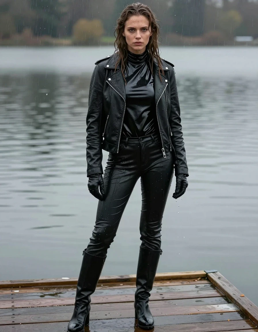 A photorealistic full-body shot of a young adult European woman with long, dripping wet brown hair, standing on a wooden pier at a lake. She is drenched, with water sheen and rivulets running down her wet skin and soaking her clothing. She wears an oversize black vinyl turtleneck shirt with a high-gloss reflective finish, a heavy black biker leather jacket, and black leather gloves on both hands. She is wearing black leather jeans that are heavy with water, showing deep creases and a lustrous, wet-look texture that clings to her legs. She wears black leather knee-high boots. The atmosphere is damp and moody, with water-saturated fabrics appearing darker and heavier. The scene is captured with sharp focus, highlighting the texture of the wet vinyl, leather, and skin, with realistic water droplets and clinging fabric. Natural overcast lighting reflecting off the wet surfaces, cinematic composition, high detail, no nudity, professional photography.