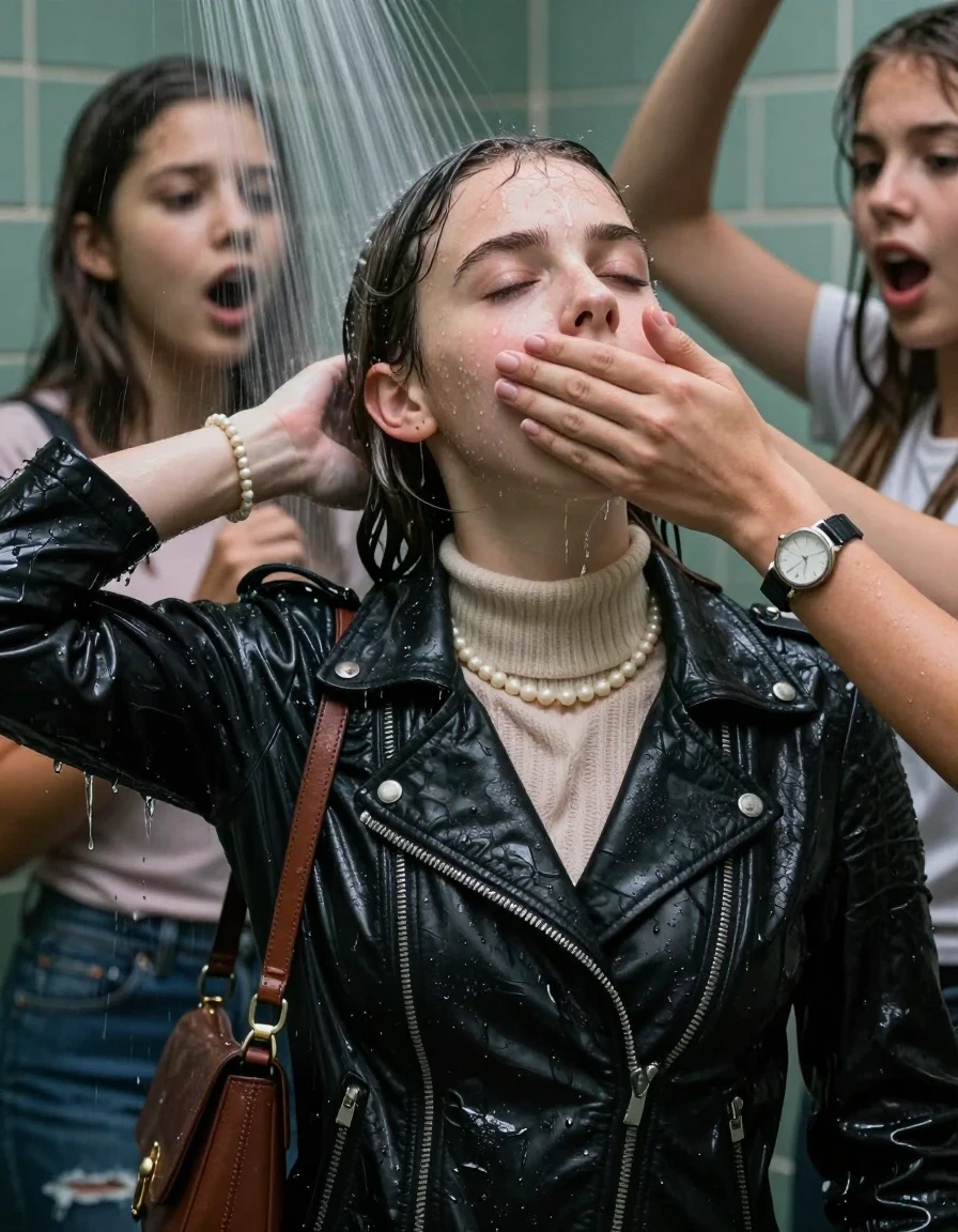 photo of young woman, in soaking wet, drenched clothes,
, , Biker leatherjacket, knit turtleneck sweater belly free, handbag, pearl necklace, bracelet, wristwatch, Under the shower, strong jet of water, party room, 
enjoying, wet clothes stuck to body,
detailed textures of the wet clothes, wet face, wet plastered hair,
wet, drenched, professional, high-quality details, full body view.
sharp focus, ultra-high pixel detail, realistic, high-quality, full colors, incredibly detailed, 4k, 8k, 16k, hyper-realistic, RAW photo, masterpiece, ultra-detailed, professionally color graded, professional photograph, Sleek Collarbone bob

 15 years old  school girl and her friends

Only head and shoulders are over the surface visible. Looking up. Open mouth, closed eyes. Her mouth is covered by her friends Hand.

The girls wear different clothes.

she is completely underwater up to her neck, surprised and astonished expression. 

her clothing is soaking wet and clinging tightly to her skin, showing heavy wet folds, darkened fabric texture, and deep water-saturated Patches, her clothes are heavy from the water, water runs from her body and her clothes in streams. A lot of water also runs out of her clothes. Her clothes are darkened by the water. Her submerged clothes are good visible under the water.  she soaked her handbag into the water.

close up view, wet skin, wet clothes, wet hair, damp fabric, water runs down the clothes, wet skin, wet clothes, damp fabric. cinematic medium shot, hyper-realistic wetness, high-contrast water sheen, sharp focus, 16k resolution, professional photography, realistic water physics., wet skin, wet clothes, damp fabric, wet skin, wet clothes, damp fabric, wet skin, wet clothes, damp fabric, wet skin, wet clothes, damp fabric, wet skin, wet clothes, damp fabric, wet skin, wet clothes, damp fabric