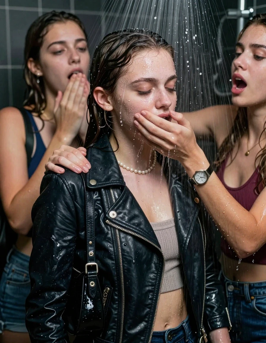 photo of young woman, in soaking wet, drenched clothes,
, , Biker leatherjacket, sweater belly free, shoulderbag, pearl necklace, bracelet, wristwatch, Orgasm Under the shower, strong jet of water, party room, 
enjoying, wet clothes stuck to body,
detailed textures of the wet clothes, wet face, wet plastered hair,
wet, drenched, professional, high-quality details, full body view.
sharp focus, ultra-high pixel detail, realistic, high-quality, full colors, incredibly detailed, 4k, 8k, 16k, hyper-realistic, RAW photo, masterpiece, ultra-detailed, professionally color graded, professional photograph, Sleek long ponytail with bangs

 15 years old  school girl and her female  friends

Only head and shoulders are over the surface visible. Looking slightly away. Open mouth, closed eyes. Her mouth is covered by her friends Hand. hugs her friend.

The girls wear different clothes. All girls have an orgasm. 

she is completely underwater up to her neck, surprised and astonished expression. 

her clothing is soaking wet and clinging tightly to her skin, showing heavy wet folds, darkened fabric texture, and deep water-saturated Patches, her clothes are heavy from the water, water runs from her body and her clothes in streams. A lot of water also runs out of her clothes. Her clothes are darkened by the water. Her submerged clothes are good visible under the water.  she soaked her handbag into the water.

close up view, wet skin, wet clothes, wet hair, damp fabric, water runs down the clothes, wet skin, wet clothes, damp fabric. cinematic medium shot, hyper-realistic wetness, high-contrast water sheen, sharp focus, 16k resolution, professional photography, realistic water physics., wet skin, wet clothes, damp fabric, wet skin, wet clothes, damp fabric, wet skin, wet clothes, damp fabric, wet skin, wet clothes, damp fabric, wet skin, wet clothes, damp fabric, wet skin, wet clothes, damp fabric, wet skin, wet clothes, damp fabric, wet skin, wet clothes, damp fabric