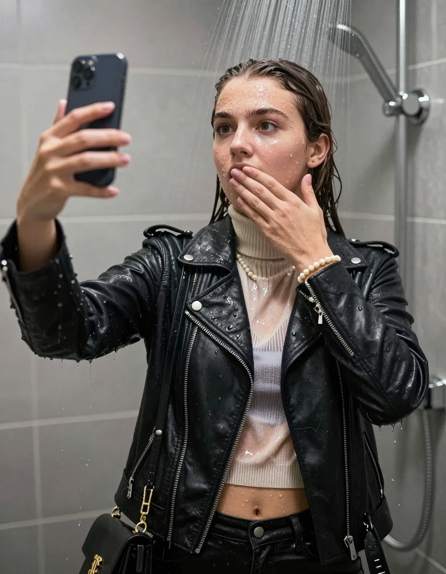 photo of young woman, in soaking wet, drenched clothes,
, , Biker leatherjacket, knit turtleneck sweater belly free, handbag, pearl necklace, bracelet, wristwatch, Under the shower, strong jet of water, in modern bathroom, 
enjoying, wet clothes stuck to body,
detailed textures of the wet clothes, wet face, wet plastered hair,
wet, drenched, professional, high-quality details, full body view.
sharp focus, ultra-high pixel detail, realistic, high-quality, full colors, incredibly detailed, 4k, 8k, 16k, hyper-realistic, RAW photo, masterpiece, ultra-detailed, professionally color graded, professional photograph, 15 years old  school girl and her friends. Completely soaked to the Skin.

Only head and shoulders are over the surface visible. One Hand over her mouth. Take a Selfie with her Smartphone.

The girls wear different clothes.

she is completely underwater up to her neck, surprised and astonished expression. 

her clothing is soaking wet and clinging tightly to her skin, showing heavy wet folds, darkened fabric texture, and deep water-saturated Patches, her clothes are heavy from the water, water runs from her body and her clothes in streams. A lot of water also runs out of her clothes. Her clothes are darkened by the water. Her submerged clothes are good visible under the water.  she soaked her handbag into the water.

close up view, wet skin, wet clothes, wet hair, damp fabric, water runs down the clothes, wet skin, wet clothes, damp fabric. cinematic medium shot, hyper-realistic wetness, high-contrast water sheen, sharp focus, 16k resolution, professional photography, realistic water physics., wet skin, wet clothes, damp fabric, wet skin, wet clothes, damp fabric, wet skin, wet clothes, damp fabric, wet skin, wet clothes, damp fabric, wet skin, wet clothes, damp fabric, wet skin, wet clothes, damp fabric, wet skin, wet clothes, damp fabric, wet skin, wet clothes, damp fabric, wet skin, wet clothes, damp fabric