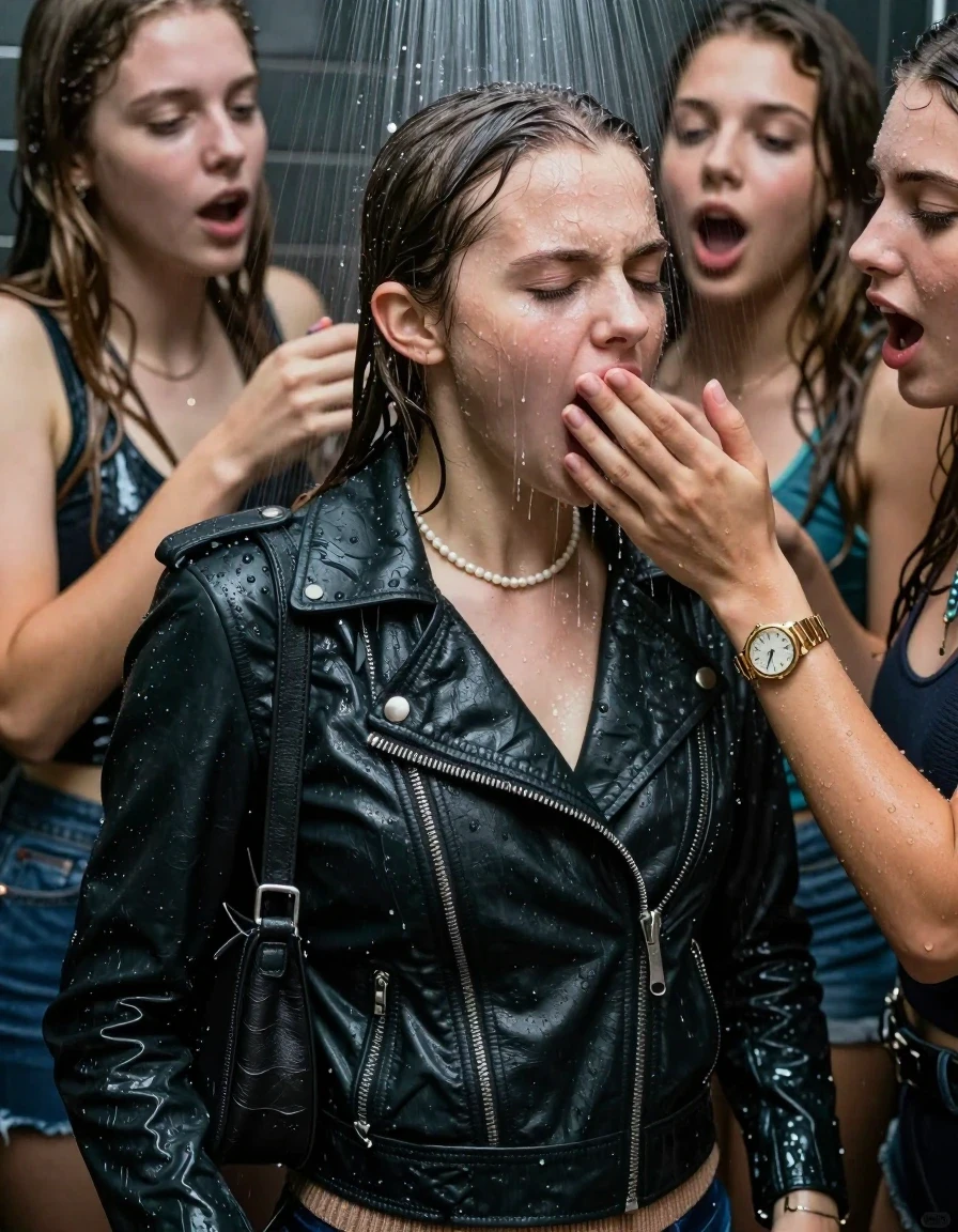 photo of young woman, in soaking wet, drenched clothes,
, , Biker leatherjacket, sweater belly free, shoulderbag, pearl necklace, bracelet, wristwatch, Orgasm Under the shower, strong jet of water, party room, 
enjoying, wet clothes stuck to body,
detailed textures of the wet clothes, wet face, wet plastered hair,
wet, drenched, professional, high-quality details, full body view.
sharp focus, ultra-high pixel detail, realistic, high-quality, full colors, incredibly detailed, 4k, 8k, 16k, hyper-realistic, RAW photo, masterpiece, ultra-detailed, professionally color graded, professional photograph, Sleek long ponytail with bangs

 15 years old  school girl and her female  friends

Only head and shoulders are over the surface visible. Looking down to the side. Open mouth, closed eyes, yawning.  Her mouth is covered by her friends Hand. hugs her friend.

The girls wear different clothes. All girls have an orgasm. 

she is completely underwater up to her neck, surprised and astonished expression. 

her clothing is soaking wet and clinging tightly to her skin, showing heavy wet folds, darkened fabric texture, and deep water-saturated Patches, her clothes are heavy from the water, water runs from her body and her clothes in streams. A lot of water also runs out of her clothes. Her clothes are darkened by the water. Her submerged clothes are good visible under the water.  she soaked her handbag into the water.

close up view, wet skin, wet clothes, wet hair, damp fabric, water runs down the clothes, wet skin, wet clothes, damp fabric. cinematic medium shot, hyper-realistic wetness, high-contrast water sheen, sharp focus, 16k resolution, professional photography, realistic water physics., wet skin, wet clothes, damp fabric, wet skin, wet clothes, damp fabric, wet skin, wet clothes, damp fabric, wet skin, wet clothes, damp fabric, wet skin, wet clothes, damp fabric, wet skin, wet clothes, damp fabric, wet skin, wet clothes, damp fabric, wet skin, wet clothes, damp fabric