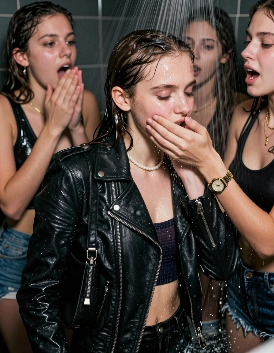 photo of young woman, in soaking wet, drenched clothes,
, , Biker leatherjacket, sweater belly free, shoulderbag, pearl necklace, bracelet, wristwatch, Orgasm Under the shower, strong jet of water, party room, 
enjoying, wet clothes stuck to body,
detailed textures of the wet clothes, wet face, wet plastered hair,
wet, drenched, professional, high-quality details, full body view.
sharp focus, ultra-high pixel detail, realistic, high-quality, full colors, incredibly detailed, 4k, 8k, 16k, hyper-realistic, RAW photo, masterpiece, ultra-detailed, professionally color graded, professional photograph, Sleek long ponytail with bangs

 15 years old  school girl and her female  friends

Only head and shoulders are over the surface visible. Looking down to the side. Open mouth, closed eyes. Her mouth is covered by her friends Hand. hugs her friend.

The girls wear different clothes. All girls have an orgasm. 

she is completely underwater up to her neck, surprised and astonished expression. 

her clothing is soaking wet and clinging tightly to her skin, showing heavy wet folds, darkened fabric texture, and deep water-saturated Patches, her clothes are heavy from the water, water runs from her body and her clothes in streams. A lot of water also runs out of her clothes. Her clothes are darkened by the water. Her submerged clothes are good visible under the water.  she soaked her handbag into the water.

close up view, wet skin, wet clothes, wet hair, damp fabric, water runs down the clothes, wet skin, wet clothes, damp fabric. cinematic medium shot, hyper-realistic wetness, high-contrast water sheen, sharp focus, 16k resolution, professional photography, realistic water physics., wet skin, wet clothes, damp fabric, wet skin, wet clothes, damp fabric, wet skin, wet clothes, damp fabric, wet skin, wet clothes, damp fabric, wet skin, wet clothes, damp fabric, wet skin, wet clothes, damp fabric, wet skin, wet clothes, damp fabric, wet skin, wet clothes, damp fabric