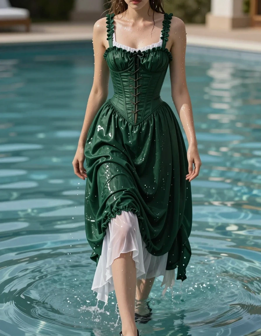 A full-body photorealistic shot of a young adult European woman standing in a pool, completely soaked. She is wearing a structured corset top and a long, dark green Victorian skirt layered over a white underskirt, with black high heels. All garments are visibly saturated with water, clinging to her body, with the dark green fabric appearing deep and heavy in tone, showing realistic wet folds, weight, and texture. Her hair and skin are glistening with water, featuring strong specular highlights and a wet sheen. The water in the pool is still, reflecting the environment. The lighting is bright and crisp, emphasizing the wet textures of the fabric, the sheen on her skin, and the contrast between the dark green outer skirt and the translucent, water-logged white underskirt. Cinematic composition, high-detail skin texture, hyper-realistic water effects, sharp focus on the subject.
