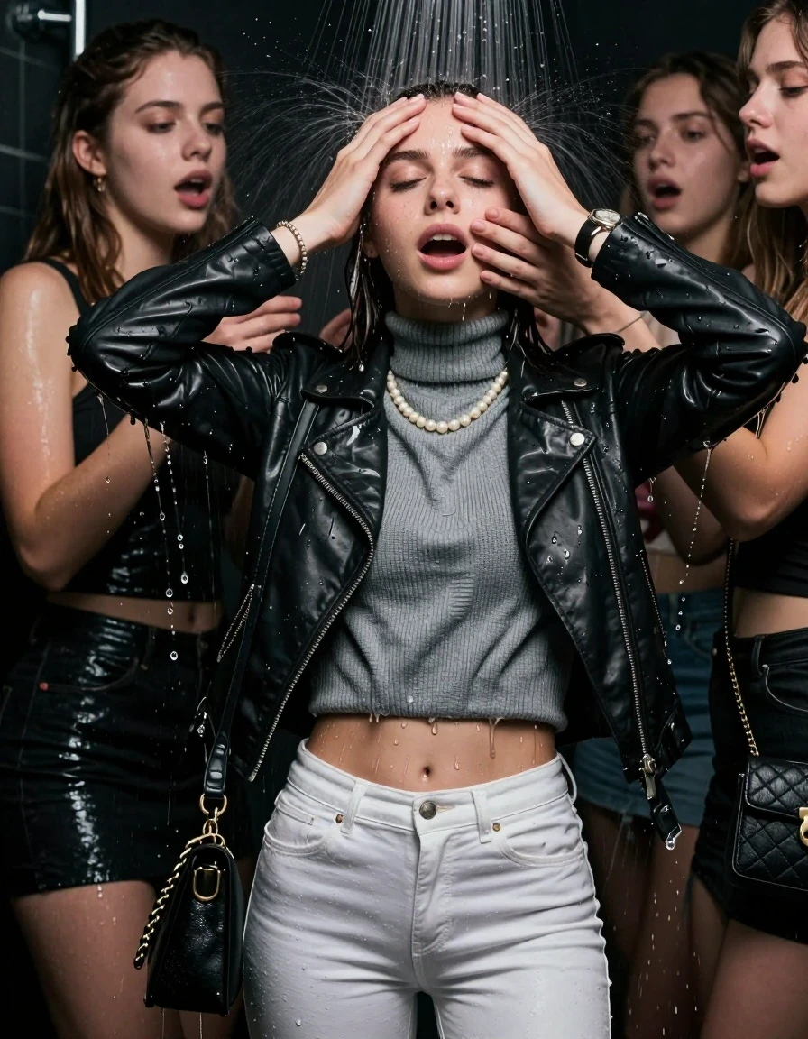 photo of young woman, in soaking wet, drenched clothes,
, White tight skinny jeans, Biker leatherjacket, grey knit turtleneck sweater belly free, handbag, pearl necklace, bracelet, wristwatch, Orgasm Under the shower, strong jet of water, at a Night Club , 
enjoying, wet clothes stuck to body,
detailed textures of the wet clothes, wet face, wet plastered hair,
wet, drenched, professional, high-quality details, full body view.
sharp focus, ultra-high pixel detail, realistic, high-quality, full colors, incredibly detailed, 4k, 8k, 16k, hyper-realistic, RAW photo, masterpiece, ultra-detailed, professionally color graded, professional photograph, Topknot

 15 years old  school girl and her female  friends

Only head and shoulders are over the surface visible. Looking up. Open mouth, closed eyes. Hands on her forehead. Her mouth is covered by her friends Hand.

The girls wear different clothes.

she is completely underwater up to her neck, surprised and astonished expression. 

her clothing is soaking wet and clinging tightly to her skin, showing heavy wet folds, darkened fabric texture, and deep water-saturated Patches, her clothes are heavy from the water, water runs from her body and her clothes in streams. A lot of water also runs out of her clothes. Her clothes are darkened by the water. Her submerged clothes are good visible under the water.  she soaked her handbag into the water.

close up view, wet skin, wet clothes, wet hair, damp fabric, water runs down the clothes, wet skin, wet clothes, damp fabric. cinematic medium shot, hyper-realistic wetness, high-contrast water sheen, sharp focus, 16k resolution, professional photography, realistic water physics., wet skin, wet clothes, damp fabric, wet skin, wet clothes, damp fabric, wet skin, wet clothes, damp fabric, wet skin, wet clothes, damp fabric, wet skin, wet clothes, damp fabric, wet skin, wet clothes, damp fabric