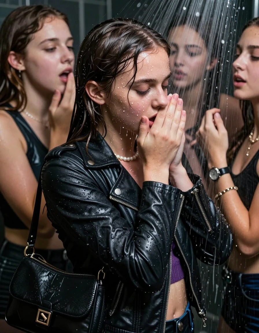 photo of young woman, in soaking wet, drenched clothes,
, , Biker leatherjacket, sweater belly free, shoulderbag, pearl necklace, bracelet, wristwatch, Orgasm Under the shower, strong jet of water, party room, 
enjoying, wet clothes stuck to body,
detailed textures of the wet clothes, wet face, wet plastered hair,
wet, drenched, professional, high-quality details, full body view.
sharp focus, ultra-high pixel detail, realistic, high-quality, full colors, incredibly detailed, 4k, 8k, 16k, hyper-realistic, RAW photo, masterpiece, ultra-detailed, professionally color graded, professional photograph, Sleek long ponytail with bangs

 15 years old  school girl and her female  friends

Only head and shoulders are over the surface visible. Looking down to the side.  closed eyes . Her mouth is covered by her friends Hand. hugs her friend.

The girls wear different clothes. All girls have an orgasm. 

she is completely underwater up to her neck, horny and orgasmic  Strenuous expression. 

her clothing is soaking wet and clinging tightly to her skin, showing heavy wet folds, darkened fabric texture, and deep water-saturated Patches, her clothes are heavy from the water, water runs from her body and her clothes in streams. A lot of water also runs out of her clothes. Her clothes are darkened by the water. Her submerged clothes are good visible under the water.  she soaked her handbag into the water.

close up view, wet skin, wet clothes, wet hair, damp fabric, water runs down the clothes, wet skin, wet clothes, damp fabric. cinematic medium shot, hyper-realistic wetness, high-contrast water sheen, sharp focus, 16k resolution, professional photography, realistic water physics., wet skin, wet clothes, damp fabric, wet skin, wet clothes, damp fabric, wet skin, wet clothes, damp fabric, wet skin, wet clothes, damp fabric, wet skin, wet clothes, damp fabric, wet skin, wet clothes, damp fabric, wet skin, wet clothes, damp fabric, wet skin, wet clothes, damp fabric