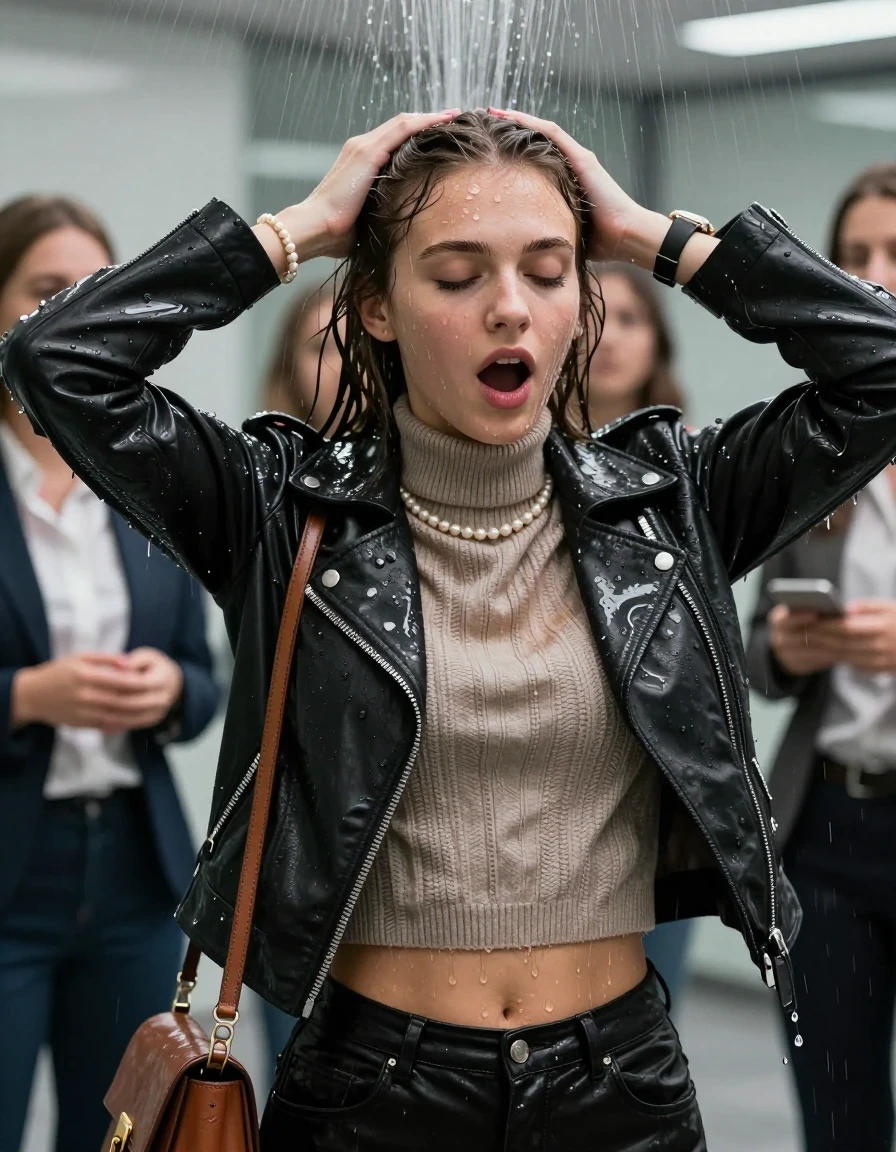 photo of young woman, in soaking wet, drenched clothes,
, , Biker leatherjacket, knit turtleneck sweater belly free, handbag, pearl necklace, bracelet, wristwatch, Under the sprinkler at office with her friends, 
enjoying, wet clothes stuck to body,
detailed textures of the wet clothes, wet face, wet plastered hair,
wet, drenched, professional, high-quality details, full body view.
sharp focus, ultra-high pixel detail, realistic, high-quality, full colors, incredibly detailed, 4k, 8k, 16k, hyper-realistic, RAW photo, masterpiece, ultra-detailed, professionally color graded, professional photograph, 15 years old  school girl and her friends. Completely soaked to the Skin.

Only head and shoulders are over the surface visible. Open mouth, closed eyes. Hands over her head. 

The girls wear different clothes.

she is completely underwater up to her neck, surprised and astonished expression. 

her clothing is soaking wet and clinging tightly to her skin, showing heavy wet folds, darkened fabric texture, and deep water-saturated Patches, her clothes are heavy from the water, water runs from her body and her clothes in streams. A lot of water also runs out of her clothes. Her clothes are darkened by the water. Her submerged clothes are good visible under the water.  she soaked her handbag into the water.

close up view, wet skin, wet clothes, wet hair, damp fabric, water runs down the clothes, wet skin, wet clothes, damp fabric. cinematic medium shot, hyper-realistic wetness, high-contrast water sheen, sharp focus, 16k resolution, professional photography, realistic water physics., wet skin, wet clothes, damp fabric, wet skin, wet clothes, damp fabric, wet skin, wet clothes, damp fabric, wet skin, wet clothes, damp fabric, wet skin, wet clothes, damp fabric, wet skin, wet clothes, damp fabric, wet skin, wet clothes, damp fabric