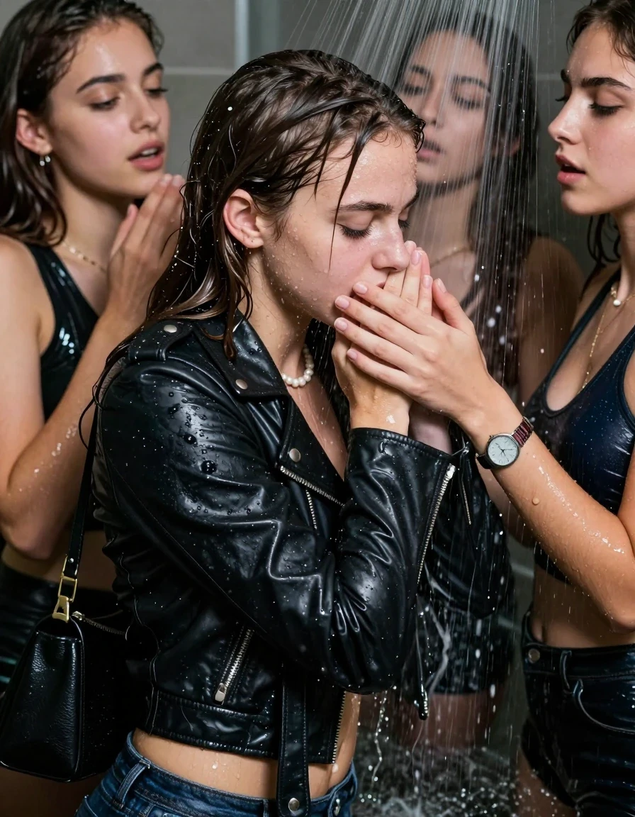 photo of young woman, in soaking wet, drenched clothes,
, , Biker leatherjacket, sweater belly free, shoulderbag, pearl necklace, bracelet, wristwatch, Orgasm Under the shower, strong jet of water, party room, 
enjoying, wet clothes stuck to body,
detailed textures of the wet clothes, wet face, wet plastered hair,
wet, drenched, professional, high-quality details, full body view.
sharp focus, ultra-high pixel detail, realistic, high-quality, full colors, incredibly detailed, 4k, 8k, 16k, hyper-realistic, RAW photo, masterpiece, ultra-detailed, professionally color graded, professional photograph, Sleek long ponytail with bangs

 15 years old  school girl and her female  friends

Only head and shoulders are over the surface visible. Looking down to the side.  closed eyes . Her mouth is covered by her friends Hand. hugs her friend.

The girls wear different clothes. All girls have an orgasm. 

she is completely underwater up to her neck, horny and orgasmic expression. 

her clothing is soaking wet and clinging tightly to her skin, showing heavy wet folds, darkened fabric texture, and deep water-saturated Patches, her clothes are heavy from the water, water runs from her body and her clothes in streams. A lot of water also runs out of her clothes. Her clothes are darkened by the water. Her submerged clothes are good visible under the water.  she soaked her handbag into the water.

close up view, wet skin, wet clothes, wet hair, damp fabric, water runs down the clothes, wet skin, wet clothes, damp fabric. cinematic medium shot, hyper-realistic wetness, high-contrast water sheen, sharp focus, 16k resolution, professional photography, realistic water physics., wet skin, wet clothes, damp fabric, wet skin, wet clothes, damp fabric, wet skin, wet clothes, damp fabric, wet skin, wet clothes, damp fabric, wet skin, wet clothes, damp fabric, wet skin, wet clothes, damp fabric, wet skin, wet clothes, damp fabric, wet skin, wet clothes, damp fabric