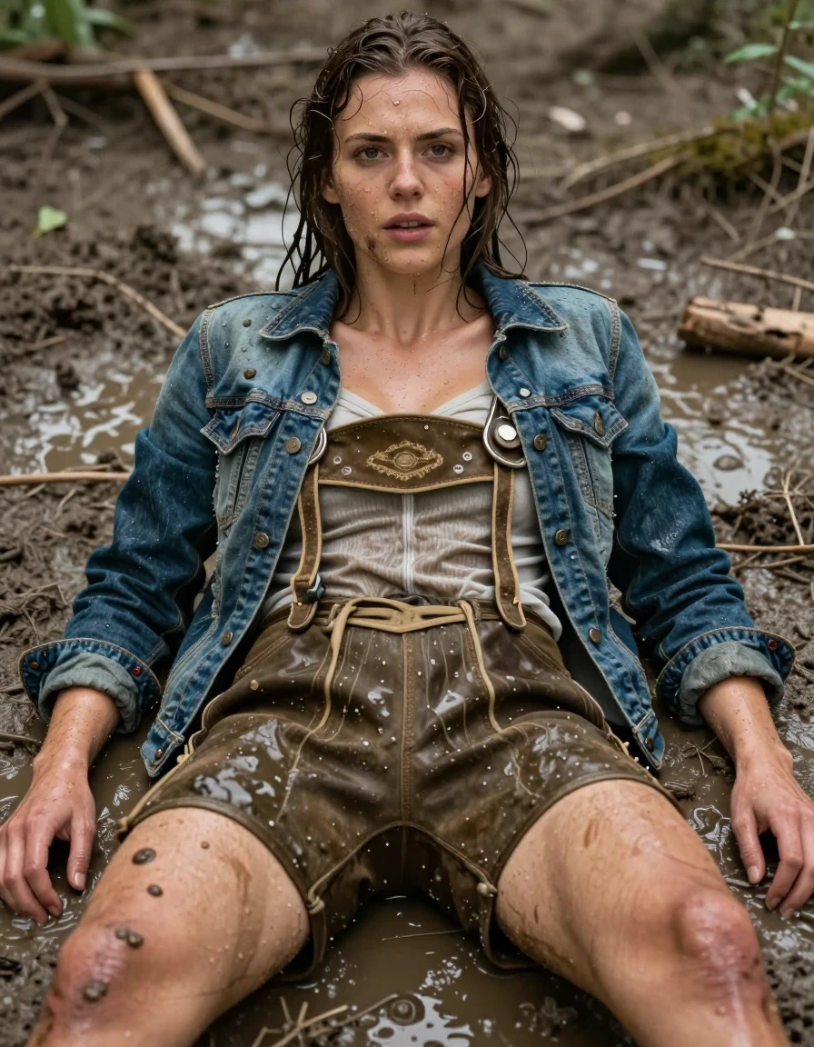 photo of young woman, in soaking wet, drenched clothes,
Lederhose, Sehr kurze jeansjacke, Mud, 
enjoying, wet clothes stuck to body,
detailed textures of the wet clothes, wet face, wet plastered hair,
wet, drenched, professional, high-quality details, full body view.
sharp focus, ultra-high pixel detail, realistic, high-quality, full colors, incredibly detailed, 4k, 8k, 16k, hyper-realistic, RAW photo, masterpiece, ultra-detailed, professionally color graded, professional photograph, Lying fun, wet skin, wet clothes, damp fabric