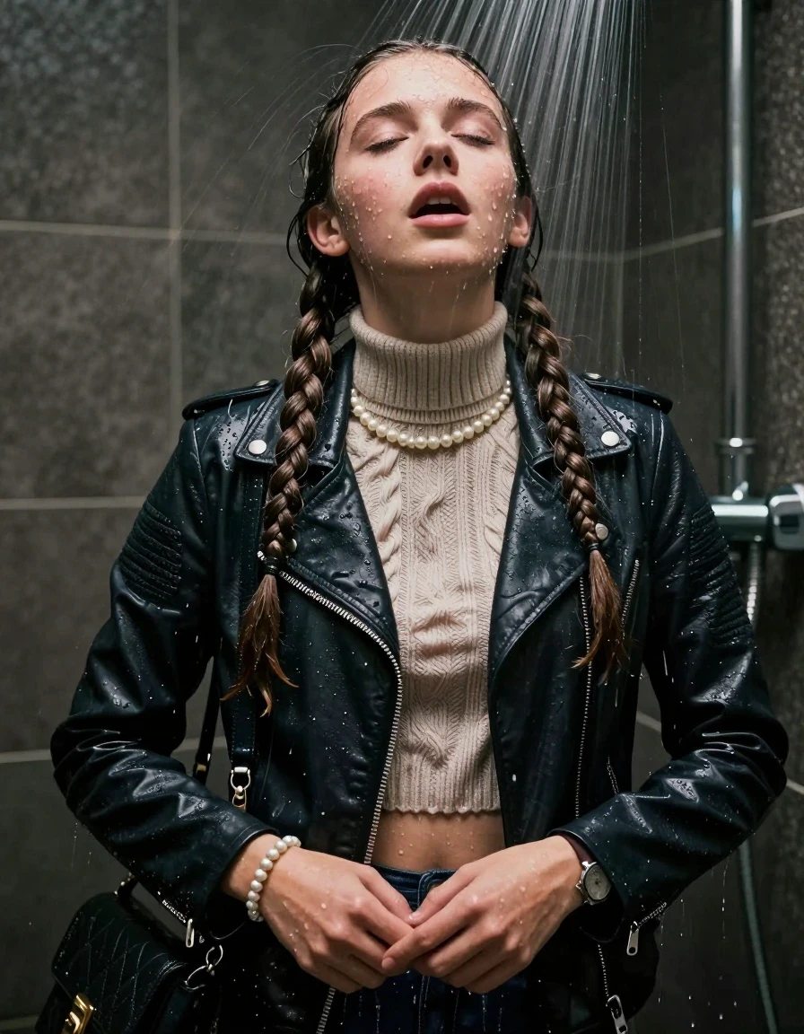 photo of young woman, in soaking wet, drenched clothes,
, , Biker leatherjacket, knit turtleneck sweater belly free, handbag, pearl necklace, bracelet, wristwatch, Under the shower, strong jet of water, party room, 
enjoying, wet clothes stuck to body,
detailed textures of the wet clothes, wet face, wet plastered hair,
wet, drenched, professional, high-quality details, full body view.
sharp focus, ultra-high pixel detail, realistic, high-quality, full colors, incredibly detailed, 4k, 8k, 16k, hyper-realistic, RAW photo, masterpiece, ultra-detailed, professionally color graded, professional photograph, Two long braids 

 15 years old  school girl

Only head and shoulders are over the surface visible. Open mouth, closed eyes. Looking up. Hands down. 

The girls wear different clothes.

she is completely underwater up to her neck, surprised and astonished expression. 

her clothing is soaking wet and clinging tightly to her skin, showing heavy wet folds, darkened fabric texture, and deep water-saturated Patches, her clothes are heavy from the water, water runs from her body and her clothes in streams. A lot of water also runs out of her clothes. Her clothes are darkened by the water. Her submerged clothes are good visible under the water.  she soaked her handbag into the water.

close up view, wet skin, wet clothes, wet hair, damp fabric, water runs down the clothes, wet skin, wet clothes, damp fabric. cinematic medium shot, hyper-realistic wetness, high-contrast water sheen, sharp focus, 16k resolution, professional photography, realistic water physics., wet skin, wet clothes, damp fabric, wet skin, wet clothes, damp fabric, wet skin, wet clothes, damp fabric, wet skin, wet clothes, damp fabric, wet skin, wet clothes, damp fabric