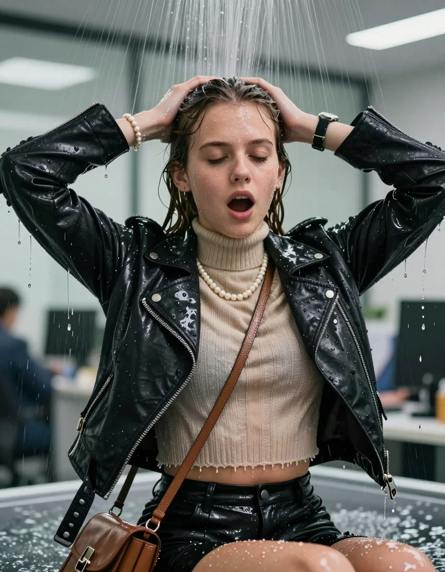 photo of young woman, in soaking wet, drenched clothes,
, , Biker leatherjacket, knit turtleneck sweater belly free, handbag, pearl necklace, bracelet, wristwatch, Sitting Under the sprinkler at office, strong jet of water, 
enjoying, wet clothes stuck to body,
detailed textures of the wet clothes, wet face, wet plastered hair,
wet, drenched, professional, high-quality details, full body view.
sharp focus, ultra-high pixel detail, realistic, high-quality, full colors, incredibly detailed, 4k, 8k, 16k, hyper-realistic, RAW photo, masterpiece, ultra-detailed, professionally color graded, professional photograph, 15 years old  school girl and her friends. Completely soaked to the Skin.

Only head and shoulders are over the surface visible. Open mouth, closed eyes. Hands over her head. 

The girls wear different clothes.

she is completely underwater up to her neck, surprised and astonished expression. 

her clothing is soaking wet and clinging tightly to her skin, showing heavy wet folds, darkened fabric texture, and deep water-saturated Patches, her clothes are heavy from the water, water runs from her body and her clothes in streams. A lot of water also runs out of her clothes. Her clothes are darkened by the water. Her submerged clothes are good visible under the water.  she soaked her handbag into the water.

close up view, wet skin, wet clothes, wet hair, damp fabric, water runs down the clothes, wet skin, wet clothes, damp fabric. cinematic medium shot, hyper-realistic wetness, high-contrast water sheen, sharp focus, 16k resolution, professional photography, realistic water physics., wet skin, wet clothes, damp fabric, wet skin, wet clothes, damp fabric, wet skin, wet clothes, damp fabric, wet skin, wet clothes, damp fabric, wet skin, wet clothes, damp fabric, wet skin, wet clothes, damp fabric, wet skin, wet clothes, damp fabric