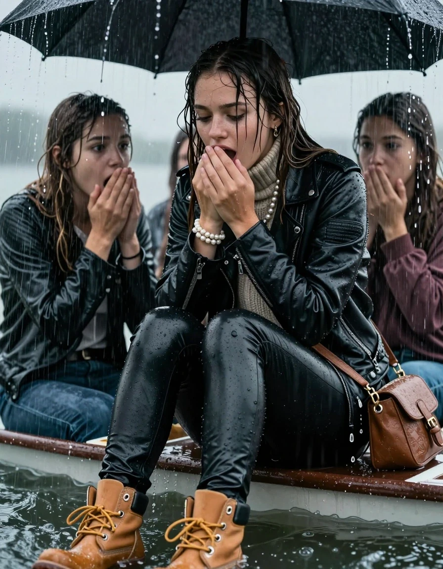 photo of young woman, in soaking wet, drenched clothes,
Timberland boots, Black leatherleggings , Biker leatherjacket, knit turtleneck sweater belly free, handbag, pearl necklace, bracelet, wristwatch, Sitting Under a flood of water from the canopy of a sinking boat during extremely heavy rain, 
enjoying, wet clothes stuck to body,
detailed textures of the wet clothes, wet face, wet plastered hair,
wet, drenched, professional, high-quality details, full body view.
sharp focus, ultra-high pixel detail, realistic, high-quality, full colors, incredibly detailed, 4k, 8k, 16k, hyper-realistic, RAW photo, masterpiece, ultra-detailed, professionally color graded, professional photograph, 15 years old teenage girl and her friends. Completely soaked to the Skin.

Open mouth, hands on her mouth, looking down. One Hand Covers her friends mouth. 

The girls wear different clothes.

she is completely underwater up to her neck, surprised and astonished expression. 

her clothing is soaking wet and clinging tightly to her skin, showing heavy wet folds, darkened fabric texture, and deep water-saturated Patches, her clothes are heavy from the water, water runs from her body and her clothes in streams. A lot of water also runs out of her clothes. Her clothes are darkened by the water. Her submerged clothes are good visible under the water.  she soaked her handbag into the water.

close up view, wet skin, wet clothes, wet hair, damp fabric, water runs down the clothes, wet skin, wet clothes, damp fabric. cinematic medium shot, hyper-realistic wetness, high-contrast water sheen, sharp focus, 16k resolution, professional photography, realistic water physics., wet skin, wet clothes, damp fabric, wet skin, wet clothes, damp fabric, wet skin, wet clothes, damp fabric, wet skin, wet clothes, damp fabric, wet skin, wet clothes, damp fabric, wet skin, wet clothes, damp fabric, wet skin, wet clothes, damp fabric, wet skin, wet clothes, damp fabric, wet skin, wet clothes, damp fabric