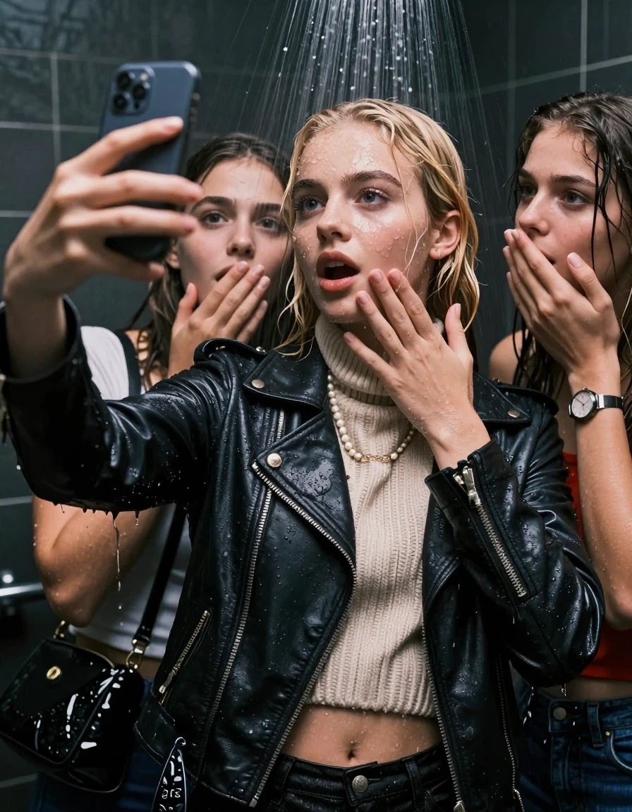 photo of young woman, in soaking wet, drenched clothes,
, , Biker leatherjacket, knit turtleneck sweater belly free, handbag, pearl necklace, bracelet, wristwatch, Under the shower, strong jet of water, party room, 
enjoying, wet clothes stuck to body,
detailed textures of the wet clothes, wet face, wet plastered hair,
wet, drenched, professional, high-quality details, full body view.
sharp focus, ultra-high pixel detail, realistic, high-quality, full colors, incredibly detailed, 4k, 8k, 16k, hyper-realistic, RAW photo, masterpiece, ultra-detailed, professionally color graded, professional photograph, Sleek Blonde Collarbone bob

 15 years old  school girl and her friend

Only head and shoulders are over the surface visible. One Hand Covers her friends mouth. Take a Selfie with her Smartphone.

The girls wear different clothes.

she is completely underwater up to her neck, surprised and astonished expression. 

her clothing is soaking wet and clinging tightly to her skin, showing heavy wet folds, darkened fabric texture, and deep water-saturated Patches, her clothes are heavy from the water, water runs from her body and her clothes in streams. A lot of water also runs out of her clothes. Her clothes are darkened by the water. Her submerged clothes are good visible under the water.  she soaked her handbag into the water.

close up view, wet skin, wet clothes, wet hair, damp fabric, water runs down the clothes, wet skin, wet clothes, damp fabric. cinematic medium shot, hyper-realistic wetness, high-contrast water sheen, sharp focus, 16k resolution, professional photography, realistic water physics., wet skin, wet clothes, damp fabric, wet skin, wet clothes, damp fabric, wet skin, wet clothes, damp fabric, wet skin, wet clothes, damp fabric, wet skin, wet clothes, damp fabric, wet skin, wet clothes, damp fabric, wet skin, wet clothes, damp fabric