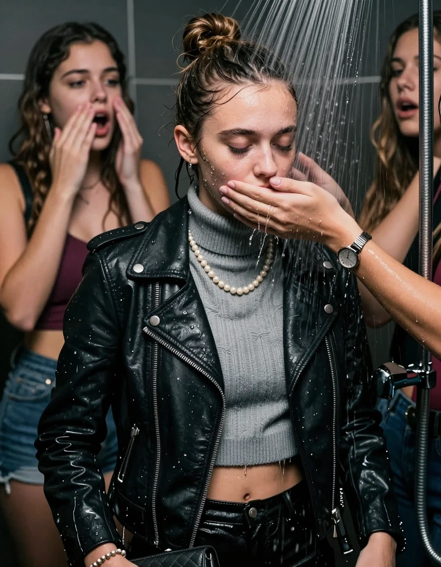 photo of young woman, in soaking wet, drenched clothes,
, , Biker leatherjacket, grey knit turtleneck sweater belly free, handbag, pearl necklace, bracelet, wristwatch, Orgasm Under the shower, strong jet of water, party room, 
enjoying, wet clothes stuck to body,
detailed textures of the wet clothes, wet face, wet plastered hair,
wet, drenched, professional, high-quality details, full body view.
sharp focus, ultra-high pixel detail, realistic, high-quality, full colors, incredibly detailed, 4k, 8k, 16k, hyper-realistic, RAW photo, masterpiece, ultra-detailed, professionally color graded, professional photograph, Topknot

 15 years old  school girl and her female  friends

Only head and shoulders are over the surface visible. Looking down. Open mouth, closed eyes. Her mouth is covered by her friends Hand.

The girls wear different clothes.

she is completely underwater up to her neck, surprised and astonished expression. 

her clothing is soaking wet and clinging tightly to her skin, showing heavy wet folds, darkened fabric texture, and deep water-saturated Patches, her clothes are heavy from the water, water runs from her body and her clothes in streams. A lot of water also runs out of her clothes. Her clothes are darkened by the water. Her submerged clothes are good visible under the water.  she soaked her handbag into the water.

close up view, wet skin, wet clothes, wet hair, damp fabric, water runs down the clothes, wet skin, wet clothes, damp fabric. cinematic medium shot, hyper-realistic wetness, high-contrast water sheen, sharp focus, 16k resolution, professional photography, realistic water physics., wet skin, wet clothes, damp fabric, wet skin, wet clothes, damp fabric, wet skin, wet clothes, damp fabric, wet skin, wet clothes, damp fabric, wet skin, wet clothes, damp fabric, wet skin, wet clothes, damp fabric