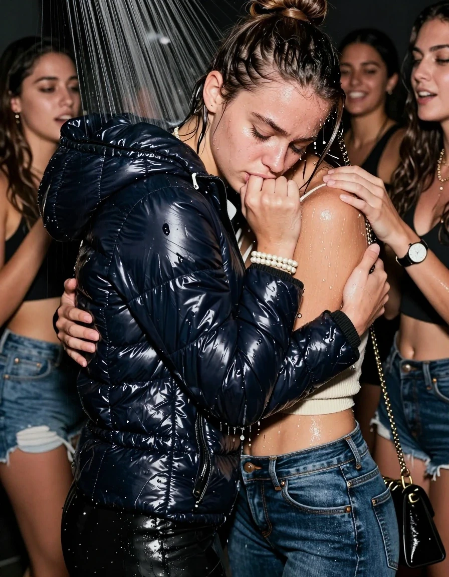 photo of young woman, in soaking wet, drenched clothes,
, Skinny jeans, Moncler shiny puffer down jacket, sweater belly free, shoulderbag, pearl necklace, bracelet, wristwatch, Orgasm Under the shower, strong jet of water, party room, 
enjoying, wet clothes stuck to body,
detailed textures of the wet clothes, wet face, wet plastered hair,
wet, drenched, professional, high-quality details, full body view.
sharp focus, ultra-high pixel detail, realistic, high-quality, full colors, incredibly detailed, 4k, 8k, 16k, hyper-realistic, RAW photo, masterpiece, ultra-detailed, professionally color graded, professional photograph, Topknot

 18 years old  teenage girl and her female  friends

Only head and shoulders are over the surface visible. Looking down to the side.  closed eyes . Her mouth is covered by her friends Hand. hugs her friend.

The girls wear different clothes.

she is completely underwater up to her neck, horny and Strenuous painful expression. 

her clothing is soaking wet and clinging tightly to her skin, showing heavy wet folds, darkened fabric texture, and deep water-saturated Patches, her clothes are heavy from the water, water runs from her body and her clothes in streams. A lot of water also runs out of her clothes. Her clothes are darkened by the water. Her submerged clothes are good visible under the water.  she soaked her handbag into the water.

close up view, wet skin, wet clothes, wet hair, damp fabric, water runs down the clothes, wet skin, wet clothes, damp fabric. cinematic medium shot, hyper-realistic wetness, high-contrast water sheen, sharp focus, 16k resolution, professional photography, realistic water physics., wet skin, wet clothes, damp fabric, wet skin, wet clothes, damp fabric, wet skin, wet clothes, damp fabric, wet skin, wet clothes, damp fabric, wet skin, wet clothes, damp fabric, wet skin, wet clothes, damp fabric, wet skin, wet clothes, damp fabric, wet skin, wet clothes, damp fabric