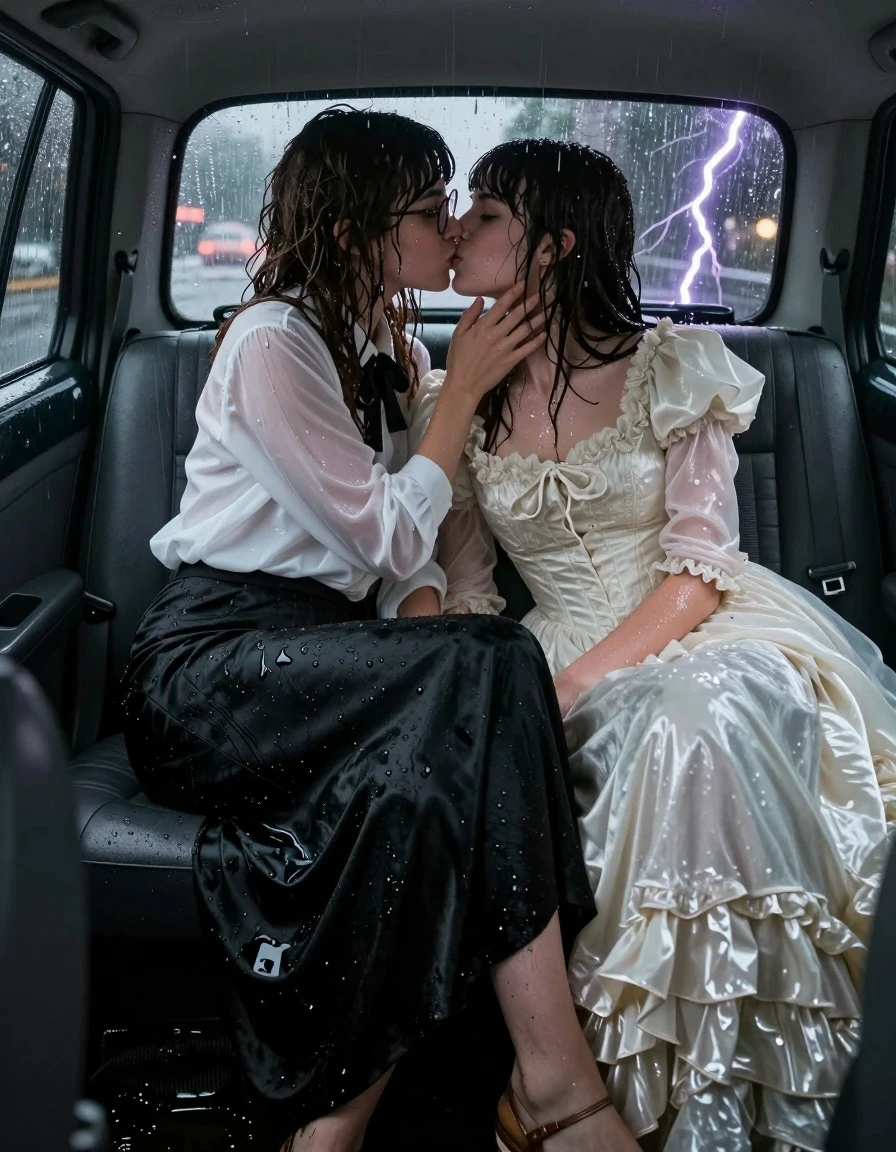 A photorealistic medium shot inside the dimly lit backseat of a moving taxi during a torrential thunderstorm. A young adult European woman with long curly hair, wearing glasses, an oversized long-sleeved white silk blouse, a sharp black bowtie, and a floor-length black silk skirt, is passionately kissing another woman. The second woman has distinctive Beatles-style hair and is wearing a voluminous, intricate long Victorian wedding dress. Both women are drenched from the storm; their hair is matted and clinging to their faces, and their skin has a realistic, slick water sheen. The white silk blouse is translucent, soaked, and clinging to the skin, while the black silk skirt is heavy with water, showing deep folds and dark, saturated fabric texture. The women are wearing sandals, with water pooling around their feet on the taxi floor. The scene is illuminated by intermittent, harsh flashes of lightning through the rain-streaked windows, casting high-contrast highlights on their wet skin and fabric. The atmosphere is moody and cinematic, with raindrops visible on the glass and blurred city lights reflecting outside.
