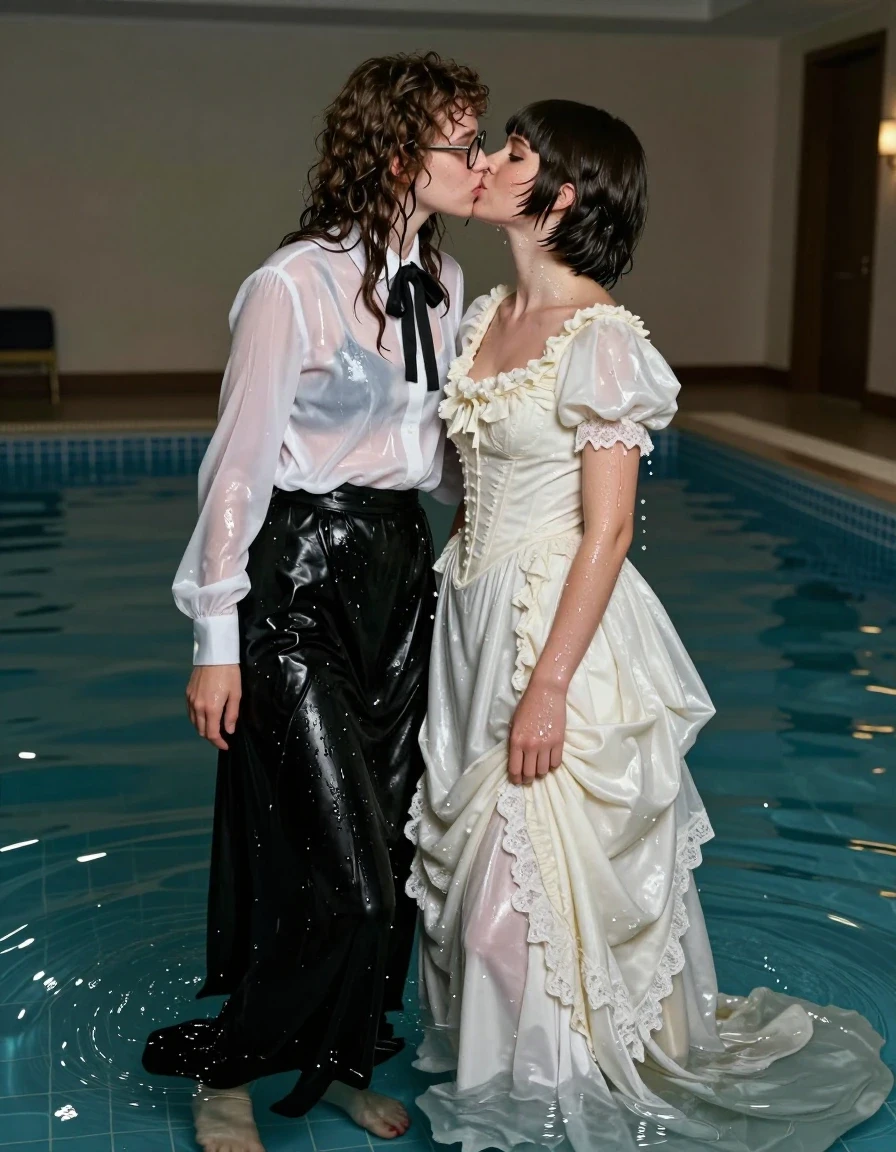 A photorealistic, cinematic shot of two young adult European women fully immersed in an empty hotel pool. One woman has long curly hair, wearing glasses, an oversized long-sleeved white silk blouse, a black bowtie, a floor-length black silk skirt, and sandals. She is passionately kissing another woman who has a Beatles-style haircut and is wearing a long, intricate Victorian wedding dress. Both women and their garments are thoroughly drenched; the white silk blouse is translucent and clinging to the skin, while the black silk skirt is heavy, dark, and saturated with water, showing deep folds and a shimmering, wet surface texture. The Victorian wedding dress is weighed down by water, with lace and fabric clinging to the body. Wet hair strands are slicked against their faces, and water sheen is visible on their soaked skin. The environment is the stark, tiled interior of an empty, dimly lit hotel pool with subtle water puddles on the floor. High-contrast lighting highlights the textures of the wet fabrics and the glossy reflections on the wet surfaces. 8k resolution, highly detailed, realistic skin textures, sharp focus on the subjects.