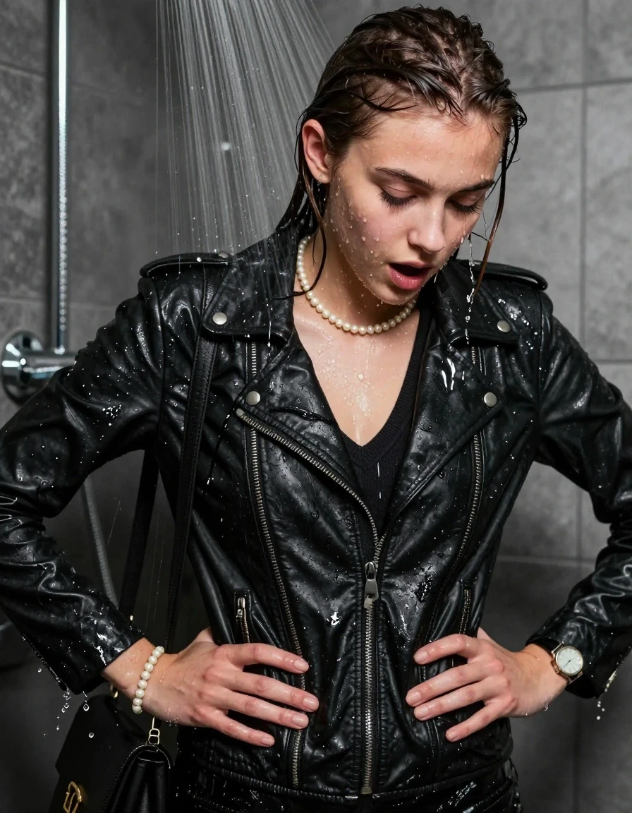 photo of young woman, in soaking wet, drenched clothes,
, , Black biker leatherjacket, v-neck sweater with diamond pattern, shoulderbag , Pearl necklace, bracelet, wristwatch, Under the shower, strong jet of water, party room, 
enjoying, wet clothes stuck to body,
detailed textures of the wet clothes, wet face, wet plastered hair,
wet, drenched, professional, high-quality details, full body view.
sharp focus, ultra-high pixel detail, realistic, high-quality, full colors, incredibly detailed, 4k, 8k, 16k, hyper-realistic, RAW photo, masterpiece, ultra-detailed, professionally color graded, professional photograph, 18 year old teenage girl

Only head and shoulders are over the surface visible. Open mouth, closed eyes. Looking down. Hands on hips. Water running down her face and neck

The girls wear same clothes.

she is completely underwater up to her neck, surprised and astonished expression. 

her clothing is soaking wet and clinging tightly to her skin, showing heavy wet folds, darkened fabric texture, and deep water-saturated Patches, her clothes are heavy from the water, water runs from her body and her clothes in streams. A lot of water also runs out of her clothes. Her clothes are darkened by the water. Her submerged clothes are good visible under the water.  she soaked her handbag into the water.

close up view, wet skin, wet clothes, wet hair, damp fabric, water runs down the clothes, wet skin, wet clothes, damp fabric. cinematic medium shot, hyper-realistic wetness, high-contrast water sheen, sharp focus, 16k resolution, professional photography, realistic water physics., wet skin, wet clothes, damp fabric, wet skin, wet clothes, damp fabric, wet skin, wet clothes, damp fabric, wet skin, wet clothes, damp fabric, wet skin, wet clothes, damp fabric, wet skin, wet clothes, damp fabric, wet skin, wet clothes, damp fabric