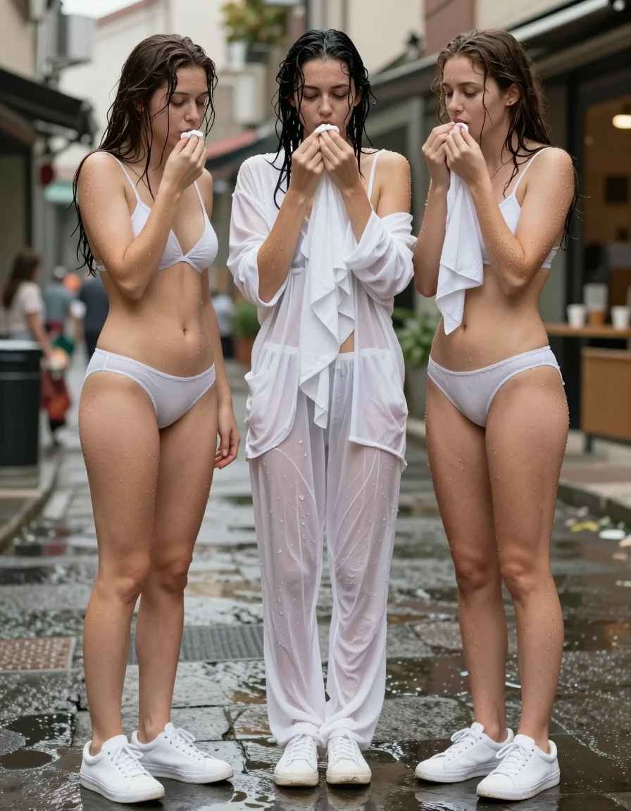 photo of young woman, in soaking wet, drenched clothes,
White sneakers, 2 girls Standing in white  cotton panties, White cotton bra, Street, 
enjoying, wet clothes stuck to body,
detailed textures of the wet clothes, wet face, wet plastered hair,
wet, drenched, professional, high-quality details, full body view.
sharp focus, ultra-high pixel detail, realistic, high-quality, full colors, incredibly detailed, 4k, 8k, 16k, hyper-realistic, RAW photo, masterpiece, ultra-detailed, professionally color graded, professional photograph, wet skin, wet clothes, damp fabric