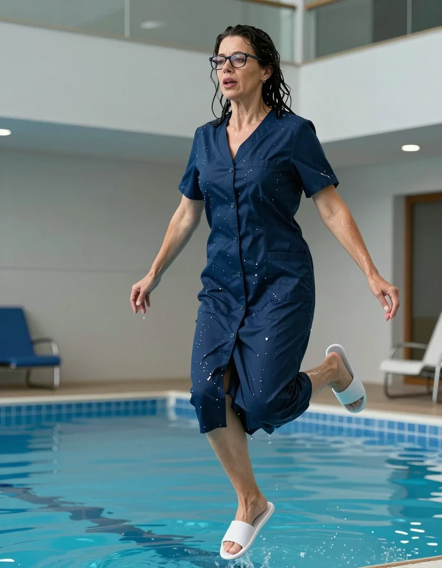 photo of young woman, in soaking wet, drenched clothes,
white slippers, maxi dark blue labdress with short sleeves, maxi dark blue labdress with short sleeves, jumping in indoor swimming pool, enjoying wet clothes stuck body, enjoying, wet clothes stuck to body, 
enjoying, wet clothes stuck to body,
detailed textures of the wet clothes, wet face, wet plastered hair,
wet, drenched, professional, high-quality details, full body view.
sharp focus, ultra-high pixel detail, realistic, high-quality, full colors, incredibly detailed, 4k, 8k, 16k, hyper-realistic, RAW photo, masterpiece, ultra-detailed, professionally color graded, professional photograph, europen brunette skinny woman 50 years old, long dark black hair, office glasses, very big and thick lips, complete body, wet skin, wet clothes, damp fabric, wet skin, wet clothes, damp fabric, wet skin, wet clothes, damp fabric, wet skin, wet clothes, damp fabric, wet skin, wet clothes, damp fabric, wet skin, wet clothes, damp fabric, wet skin, wet clothes, damp fabric