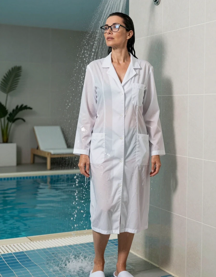 photo of young woman, in soaking wet, drenched clothes,
white slippers, maxi white labdress, maxi white labdress, taking shower after bath in indoor swimming pool, enjoying wet clothes stuck body, enjoying, wet clothes stuck to body, 
enjoying, wet clothes stuck to body,
detailed textures of the wet clothes, wet face, wet plastered hair,
wet, drenched, professional, high-quality details, full body view.
sharp focus, ultra-high pixel detail, realistic, high-quality, full colors, incredibly detailed, 4k, 8k, 16k, hyper-realistic, RAW photo, masterpiece, ultra-detailed, professionally color graded, professional photograph, europen brunette skinny woman 50 years old, long dark black hair, office glasses, very big and thick lips, complete body, wet skin, wet clothes, damp fabric, wet skin, wet clothes, damp fabric, wet skin, wet clothes, damp fabric, wet skin, wet clothes, damp fabric, wet skin, wet clothes, damp fabric, wet skin, wet clothes, damp fabric, wet skin, wet clothes, damp fabric