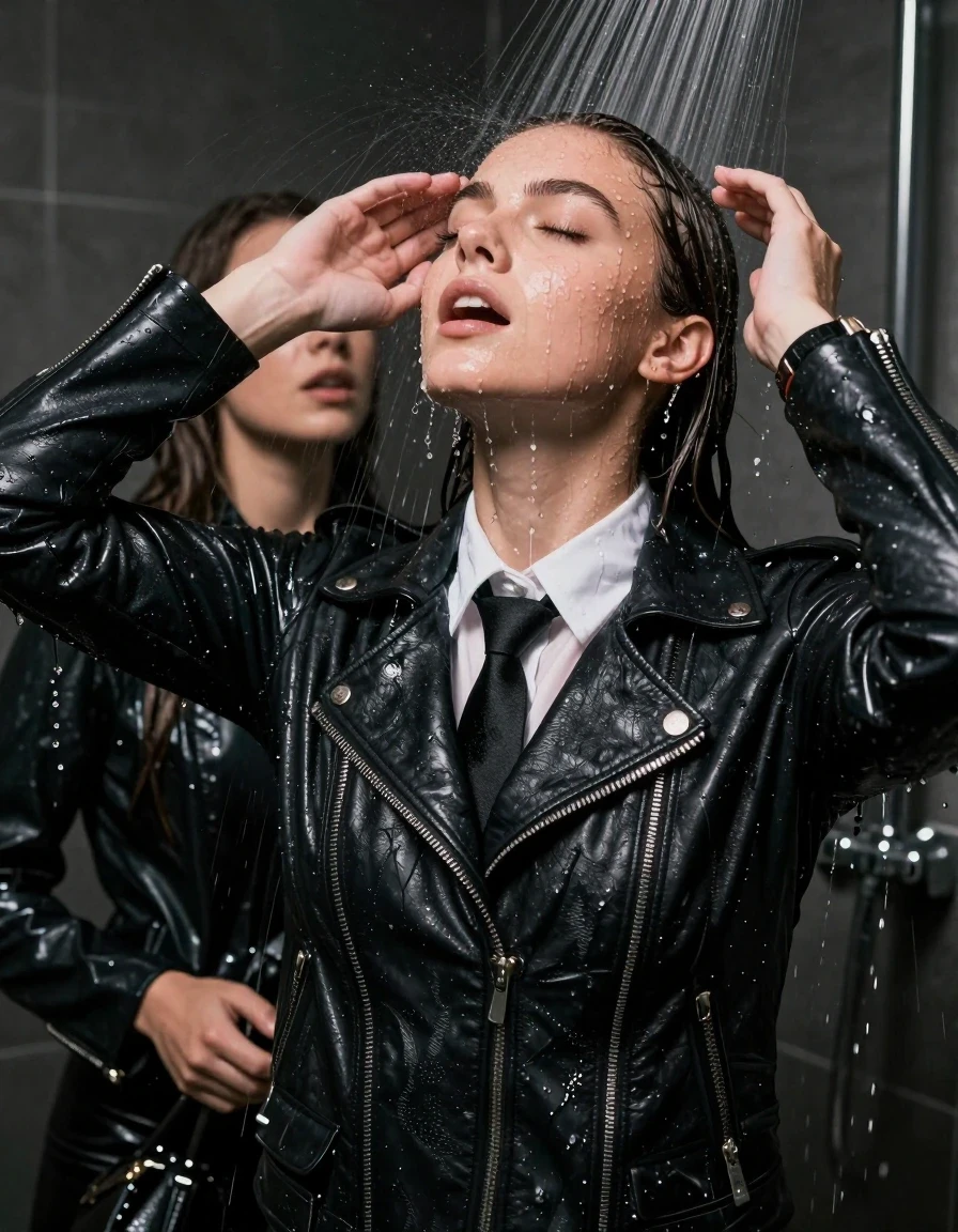 photo of young woman, in soaking wet, drenched clothes,
, , Biker leatherjacket, long sleeve smart white shirt and black tie, bracelet, wristwatch, Under the shower, strong jet of water, party room, 
enjoying, wet clothes stuck to body,
detailed textures of the wet clothes, wet face, wet plastered hair,
wet, drenched, professional, high-quality details, full body view.
sharp focus, ultra-high pixel detail, realistic, high-quality, full colors, incredibly detailed, 4k, 8k, 16k, hyper-realistic, RAW photo, masterpiece, ultra-detailed, professionally color graded, professional photograph, Two 18 year old ladies

Only head and shoulders are over the surface visible. Open mouth, closed eyes. Looking up. Hands up. Water running down her face and neck

The girls wear same clothes.

she is completely underwater up to her neck, surprised and astonished expression. 

her clothing is soaking wet and clinging tightly to her skin, showing heavy wet folds, darkened fabric texture, and deep water-saturated Patches, her clothes are heavy from the water, water runs from her body and her clothes in streams. A lot of water also runs out of her clothes. Her clothes are darkened by the water. Her submerged clothes are good visible under the water.  she soaked her handbag into the water.

close up view, wet skin, wet clothes, wet hair, damp fabric, water runs down the clothes, wet skin, wet clothes, damp fabric. cinematic medium shot, hyper-realistic wetness, high-contrast water sheen, sharp focus, 16k resolution, professional photography, realistic water physics., wet skin, wet clothes, damp fabric, wet skin, wet clothes, damp fabric, wet skin, wet clothes, damp fabric, wet skin, wet clothes, damp fabric, wet skin, wet clothes, damp fabric, wet skin, wet clothes, damp fabric