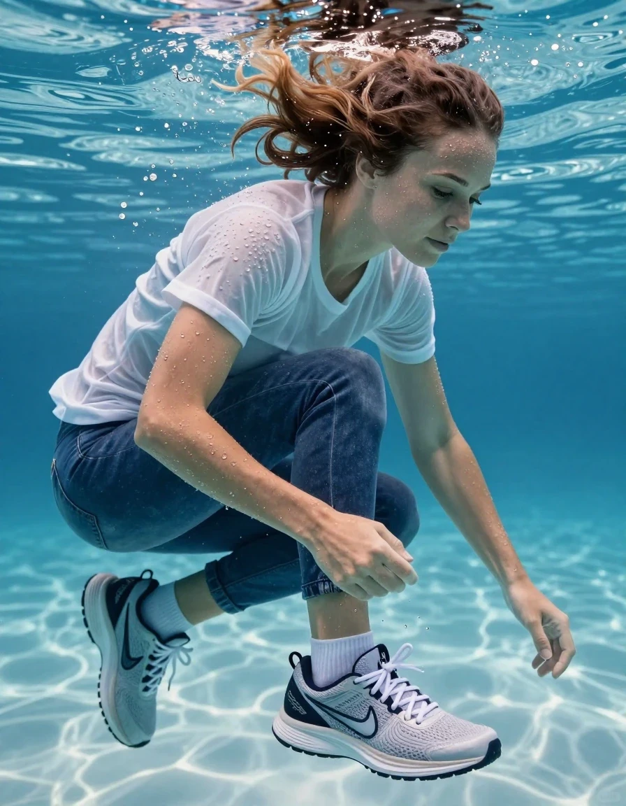 photo of young woman, in soaking wet, drenched clothes,
nike running sneakers,  short white socks, blue jeans, t shirt, swimming underwater, 
enjoying, wet clothes stuck to body,
detailed textures of the wet clothes, wet face, wet plastered hair,
wet, drenched, professional, high-quality details, full body view.
sharp focus, ultra-high pixel detail, realistic, high-quality, full colors, incredibly detailed, 4k, 8k, 16k, hyper-realistic, RAW photo, masterpiece, ultra-detailed, professionally color graded, professional photograph, wet skin, wet clothes, damp fabric