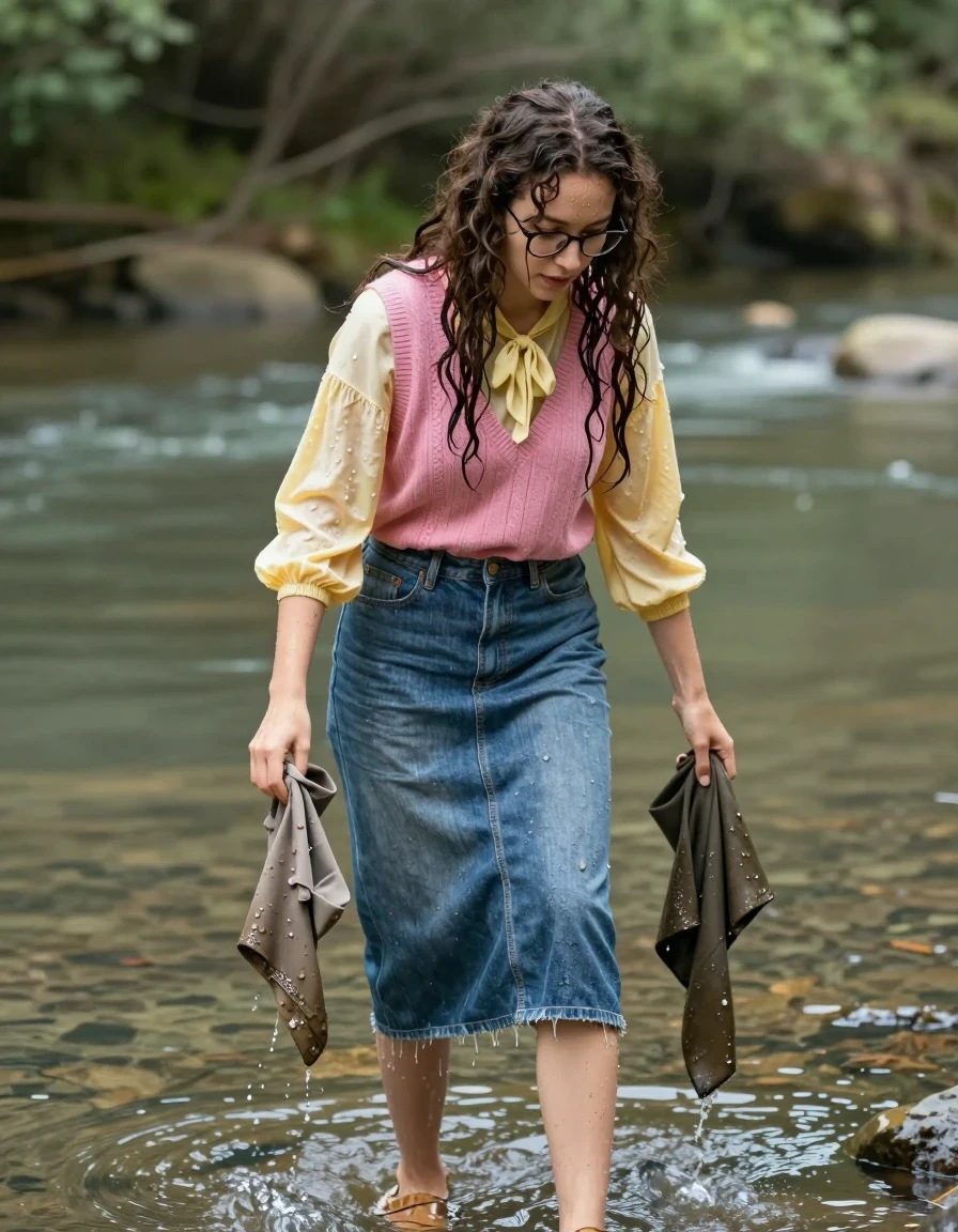photo of young woman, in soaking wet, drenched clothes,
sandals, floor-length denim skirt, pink v-neck vest with long sleeved yellow blouse with pussy bow underneath, glasses, long curly hair, river, 
enjoying, wet clothes stuck to body,
detailed textures of the wet clothes, wet face, wet plastered hair,
wet, drenched, professional, high-quality details, full body view.
sharp focus, ultra-high pixel detail, realistic, high-quality, full colors, incredibly detailed, 4k, 8k, 16k, hyper-realistic, RAW photo, masterpiece, ultra-detailed, professionally color graded, professional photograph, washing mud off of her clothes, wet skin, wet clothes, damp fabric