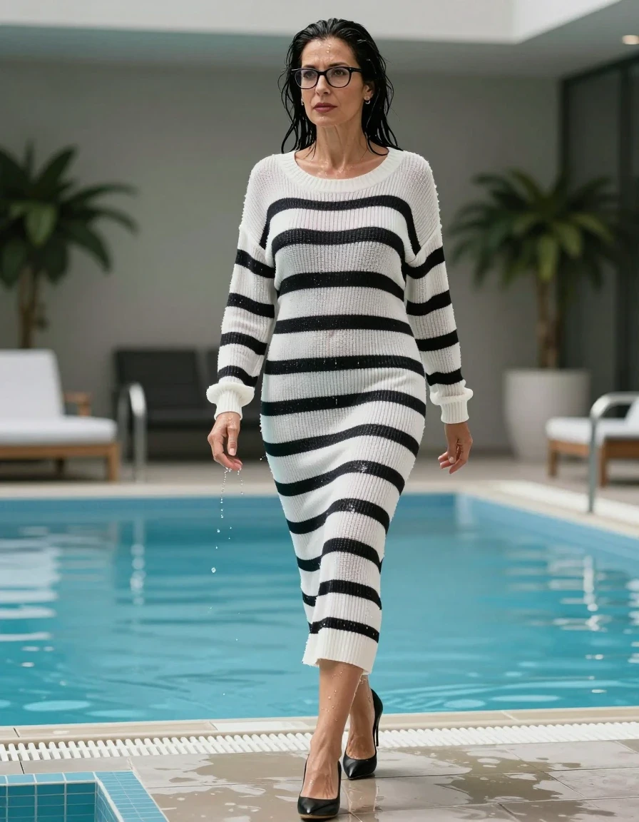photo of young woman, in soaking wet, drenched clothes,
black high-heels shoes, maxi white & black striped sweater dress with neck, maxi white & black striped sweater dress with neck,  walking after bath in indoor pool, enjoying wet clothes stuck body, enjoying, wet clothes stuck to body, 
enjoying, wet clothes stuck to body,
detailed textures of the wet clothes, wet face, wet plastered hair,
wet, drenched, professional, high-quality details, full body view.
sharp focus, ultra-high pixel detail, realistic, high-quality, full colors, incredibly detailed, 4k, 8k, 16k, hyper-realistic, RAW photo, masterpiece, ultra-detailed, professionally color graded, professional photograph, europen brunette skinny woman 50 years old, long dark black hair, office glasses, very big and thick lips, complete body, wet skin, wet clothes, damp fabric, wet skin, wet clothes, damp fabric, wet skin, wet clothes, damp fabric, wet skin, wet clothes, damp fabric, wet skin, wet clothes, damp fabric, wet skin, wet clothes, damp fabric, wet skin, wet clothes, damp fabric