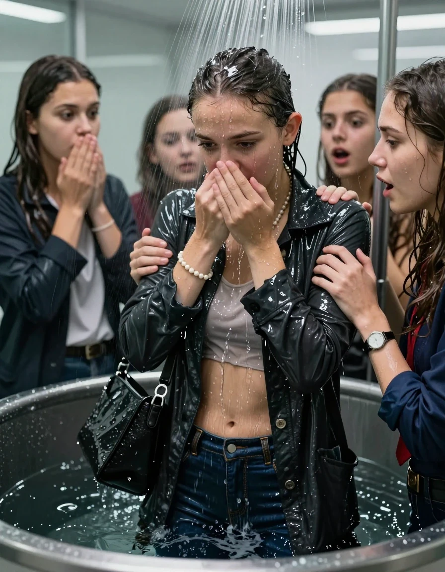 photo of young woman, in soaking wet, drenched clothes,
, Skinny jeans, Woolen Winter coat, Long sleeve turtleneck sweater belly free, shoulderbag, pearl necklace, bracelet, wristwatch, Under the shower emerging in a tube, strong jet of water, at office , 
enjoying, wet clothes stuck to body,
detailed textures of the wet clothes, wet face, wet plastered hair,
wet, drenched, professional, high-quality details, full body view.
sharp focus, ultra-high pixel detail, realistic, high-quality, full colors, incredibly detailed, 4k, 8k, 16k, hyper-realistic, RAW photo, masterpiece, ultra-detailed, professionally color graded, professional photograph, Topknot

 15-years-old  teenage girl and her female  friends

Only head and shoulders are over the surface visible. Looking down. Open mouth, big eyes . Covers her nose with a hand. hugs her friend. Water running down her face and neck.

The girls wear different clothes and jackets.

she is completely underwater up to her neck, horny and astonished expression. 

her clothing is soaking wet and clinging tightly to her skin, showing heavy wet folds, darkened fabric texture, and deep water-saturated Patches, her clothes are heavy from the water, water runs from her body and her clothes in streams. A lot of water also runs out of her clothes. Her clothes are darkened by the water. Her submerged clothes are good visible under the water.  she soaked her handbag into the water.

close up view, wet skin, wet clothes, wet hair, damp fabric, water runs down the clothes, wet skin, wet clothes, damp fabric. cinematic medium shot, hyper-realistic wetness, high-contrast water sheen, sharp focus, 16k resolution, professional photography, realistic water physics., wet skin, wet clothes, damp fabric, wet skin, wet clothes, damp fabric, wet skin, wet clothes, damp fabric, wet skin, wet clothes, damp fabric, wet skin, wet clothes, damp fabric, wet skin, wet clothes, damp fabric, wet skin, wet clothes, damp fabric, wet skin, wet clothes, damp fabric, wet skin, wet clothes, damp fabric