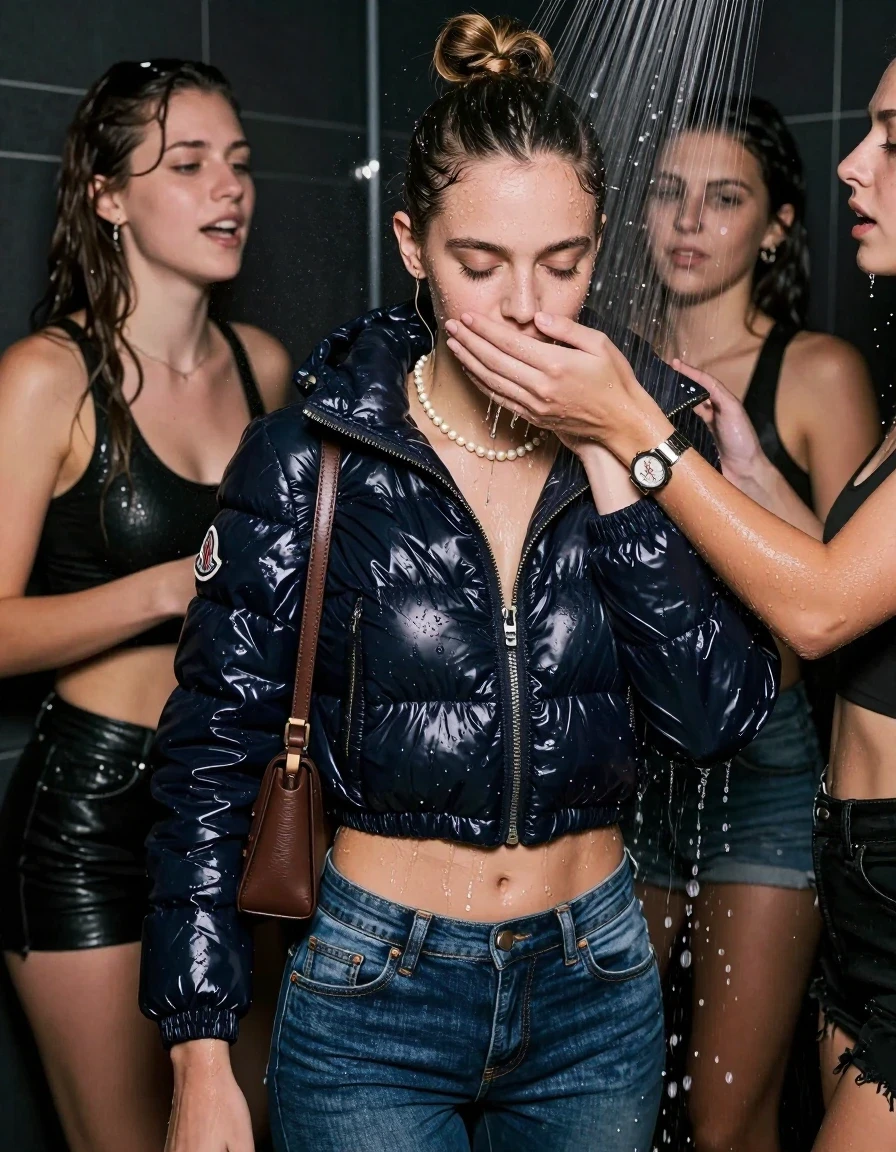 photo of young woman, in soaking wet, drenched clothes,
, Skinny jeans, Moncler shiny puffer down jacket, sweater belly free, shoulderbag, pearl necklace, bracelet, wristwatch, Orgasm Under the shower, strong jet of water, party room, 
enjoying, wet clothes stuck to body,
detailed textures of the wet clothes, wet face, wet plastered hair,
wet, drenched, professional, high-quality details, full body view.
sharp focus, ultra-high pixel detail, realistic, high-quality, full colors, incredibly detailed, 4k, 8k, 16k, hyper-realistic, RAW photo, masterpiece, ultra-detailed, professionally color graded, professional photograph, Topknot

 18 years old  teenage girl and her female  friends

Only head and shoulders are over the surface visible. Looking at camera.  closed eyes . Her mouth is covered by her friends Hand. 

The girls wear different clothes.

she is completely underwater up to her neck, horny and Strenuous painful expression. 

her clothing is soaking wet and clinging tightly to her skin, showing heavy wet folds, darkened fabric texture, and deep water-saturated Patches, her clothes are heavy from the water, water runs from her body and her clothes in streams. A lot of water also runs out of her clothes. Her clothes are darkened by the water. Her submerged clothes are good visible under the water.  she soaked her handbag into the water.

close up view, wet skin, wet clothes, wet hair, damp fabric, water runs down the clothes, wet skin, wet clothes, damp fabric. cinematic medium shot, hyper-realistic wetness, high-contrast water sheen, sharp focus, 16k resolution, professional photography, realistic water physics., wet skin, wet clothes, damp fabric, wet skin, wet clothes, damp fabric, wet skin, wet clothes, damp fabric, wet skin, wet clothes, damp fabric, wet skin, wet clothes, damp fabric, wet skin, wet clothes, damp fabric, wet skin, wet clothes, damp fabric, wet skin, wet clothes, damp fabric, wet skin, wet clothes, damp fabric